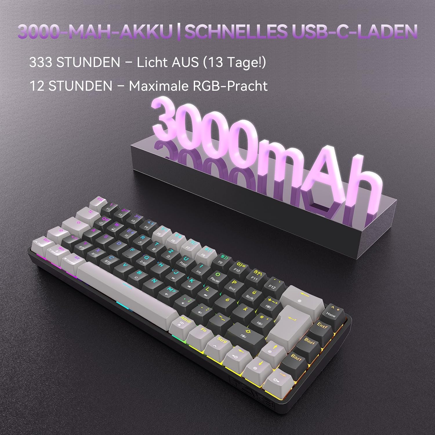 Detalle 2 de TMKB T68 Gaming-Tastatur (68 Tasten, kabellos) mit Bluetooth/2.4G/Typ-C und Anti-Ghosting – QWERTZ, blau