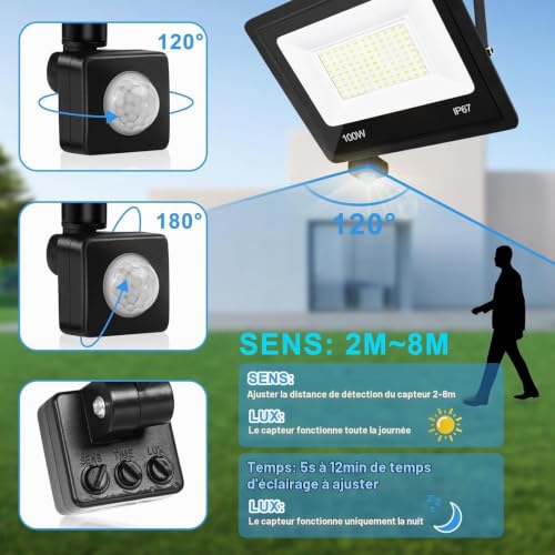 Thumbnail 2 de VRFMALIY Projecteur LED Extérieur 100W avec Détecteur de Mouvement – 10000 lm, IP67