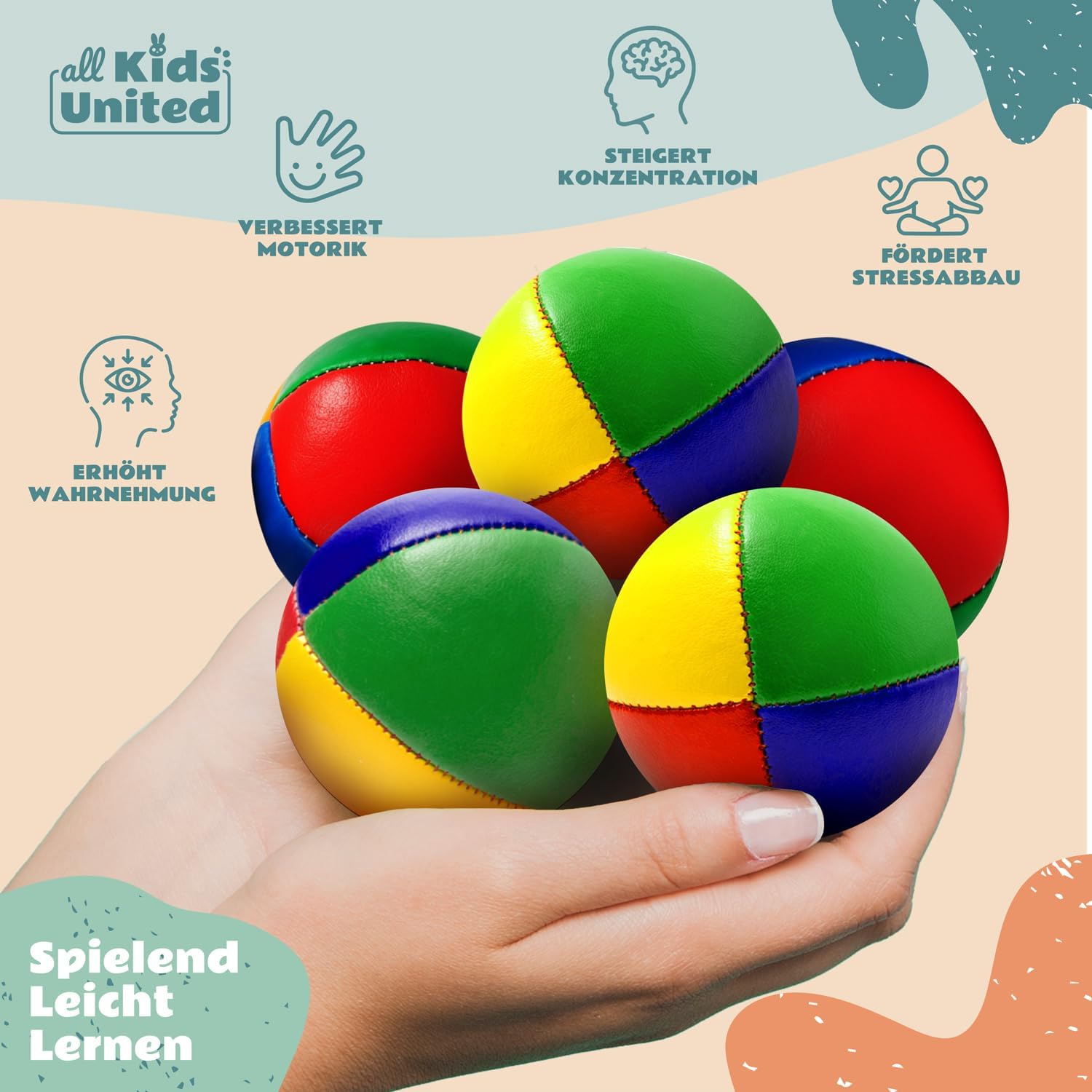 Detalle de all Kids United® Jonglierbälle im 5er Set (im Jute-Beutel) – weiche Bälle fürs Jonglieren lernen