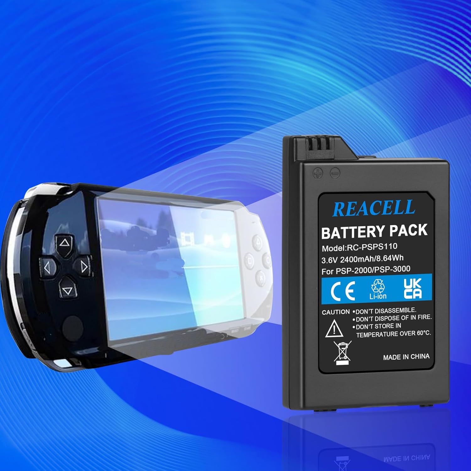 Detalle 2 de REACELL Ersatzakku 2400 mAh 3,6 V für Sony PSP-S110 (kompatibel u. a. mit PSP-2001/3000/3004)