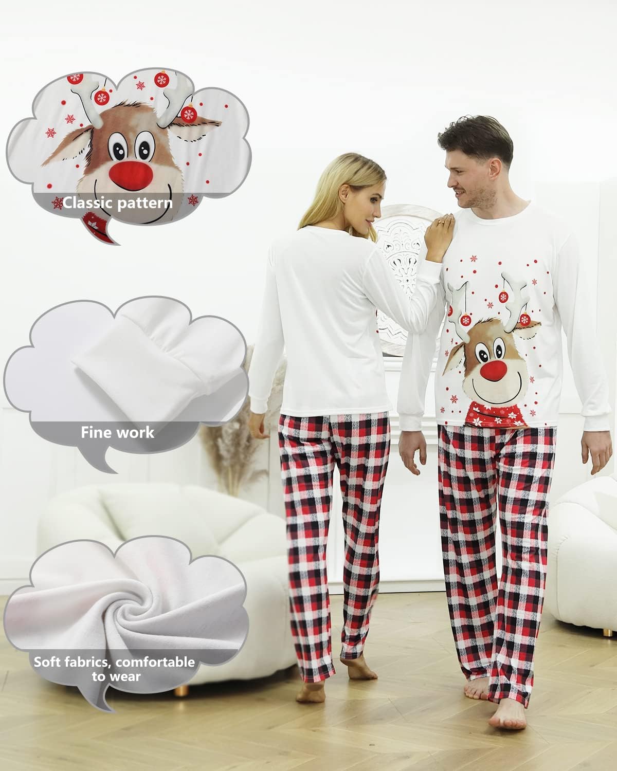 Detalle de Sizet Family Christmas Pyjama Set with Reindeer Tops and Red Plaid Pants