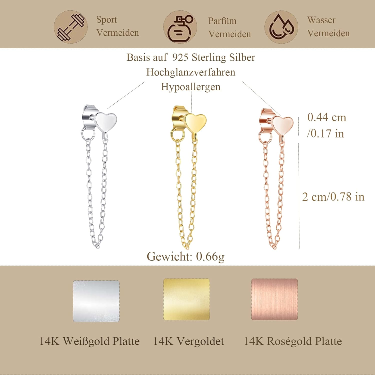 Thumbnail 6 de Ohrringe aus 925 Sterling Silber mit Herz-Anhänger und Kette – hängende Ohrstecker für Damen und Herren
