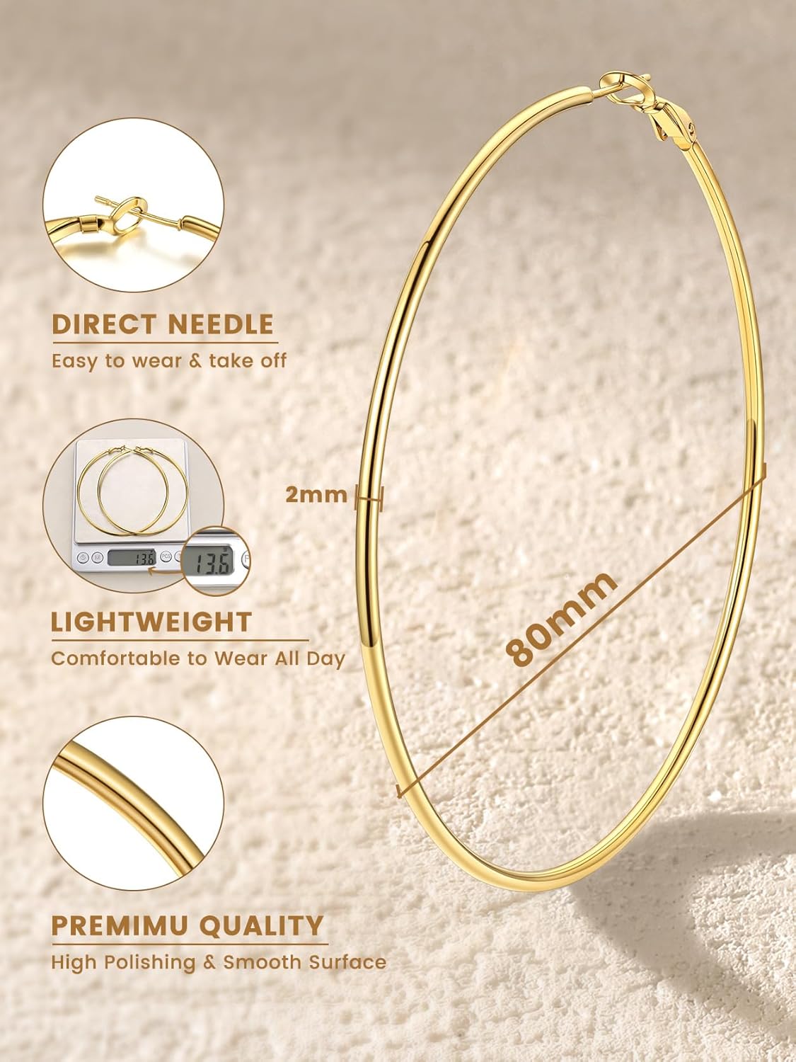 Detalle de GoldChic Créole femme en acier inoxydable plaqué or jaune – grand anneau (diamètres 30/50/70/100 mm)