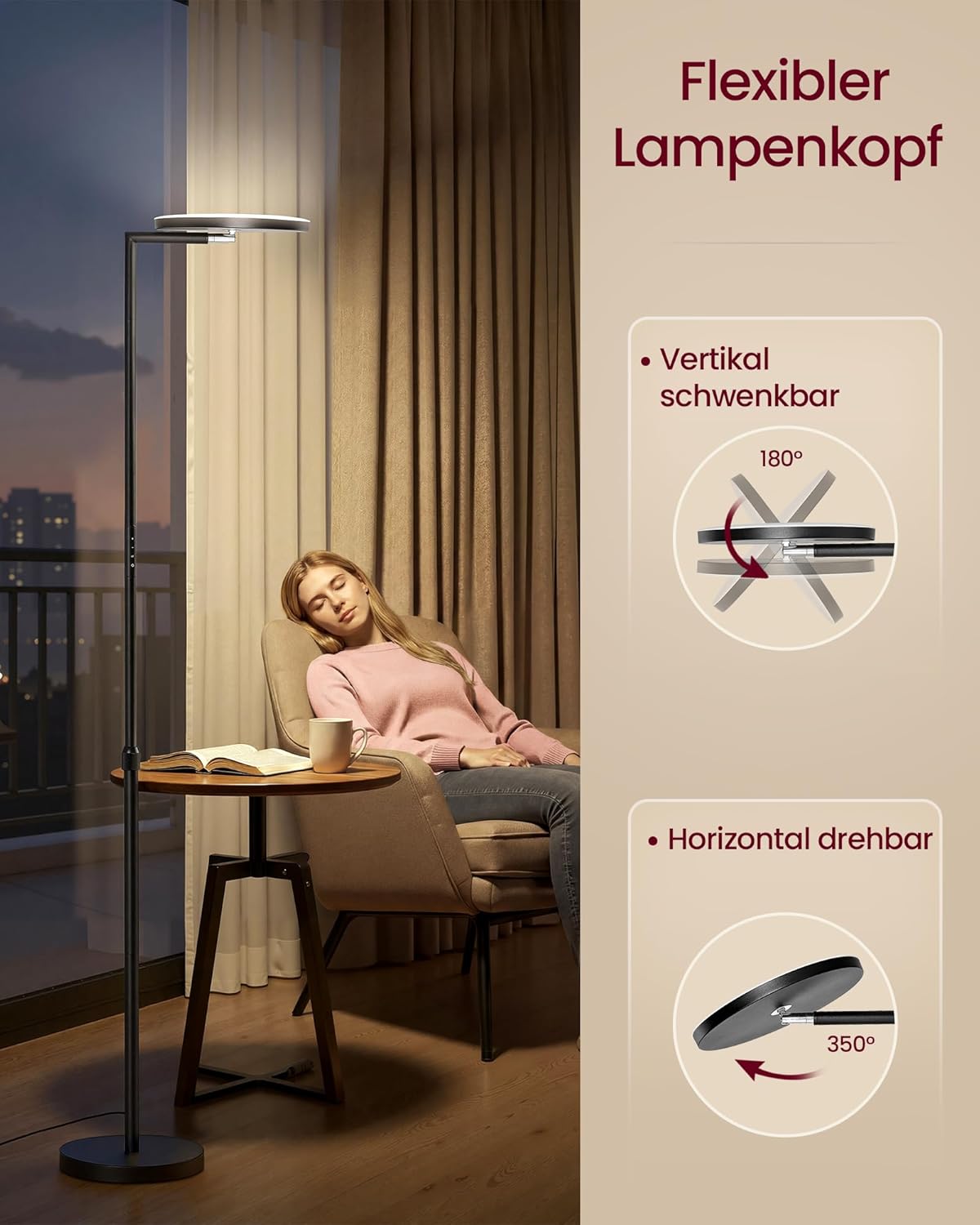 Thumbnail 3 de VASAGLE LED-Stehlampe LFL008BD02 für Wohnzimmer & Schlafzimmer – höhenverstellbar, drehbarer Kopf, Timer, Memory