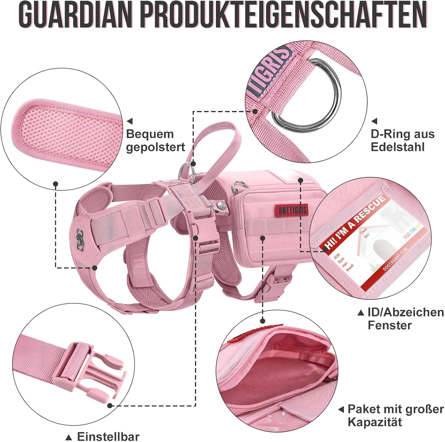 Detalle de OneTigris Harnais Guardian pour chien M - rose, 3 anneaux en D inoxydable, poche MOLLE et grande capacité