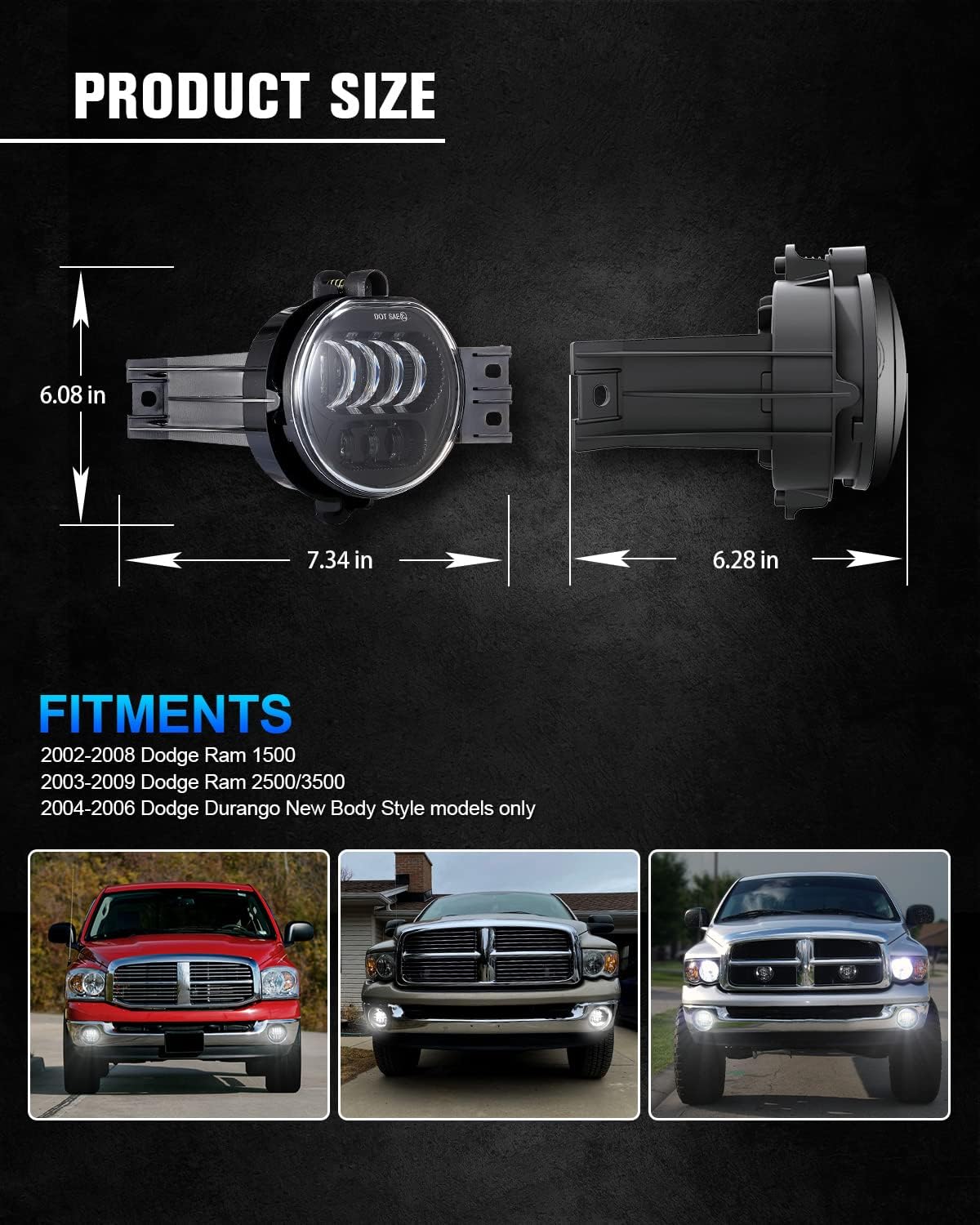 Detalle de BICYACO New Version LED Fog Light Pair for Dodge Ram 1500/2500/3500 (2002-2009) - Black