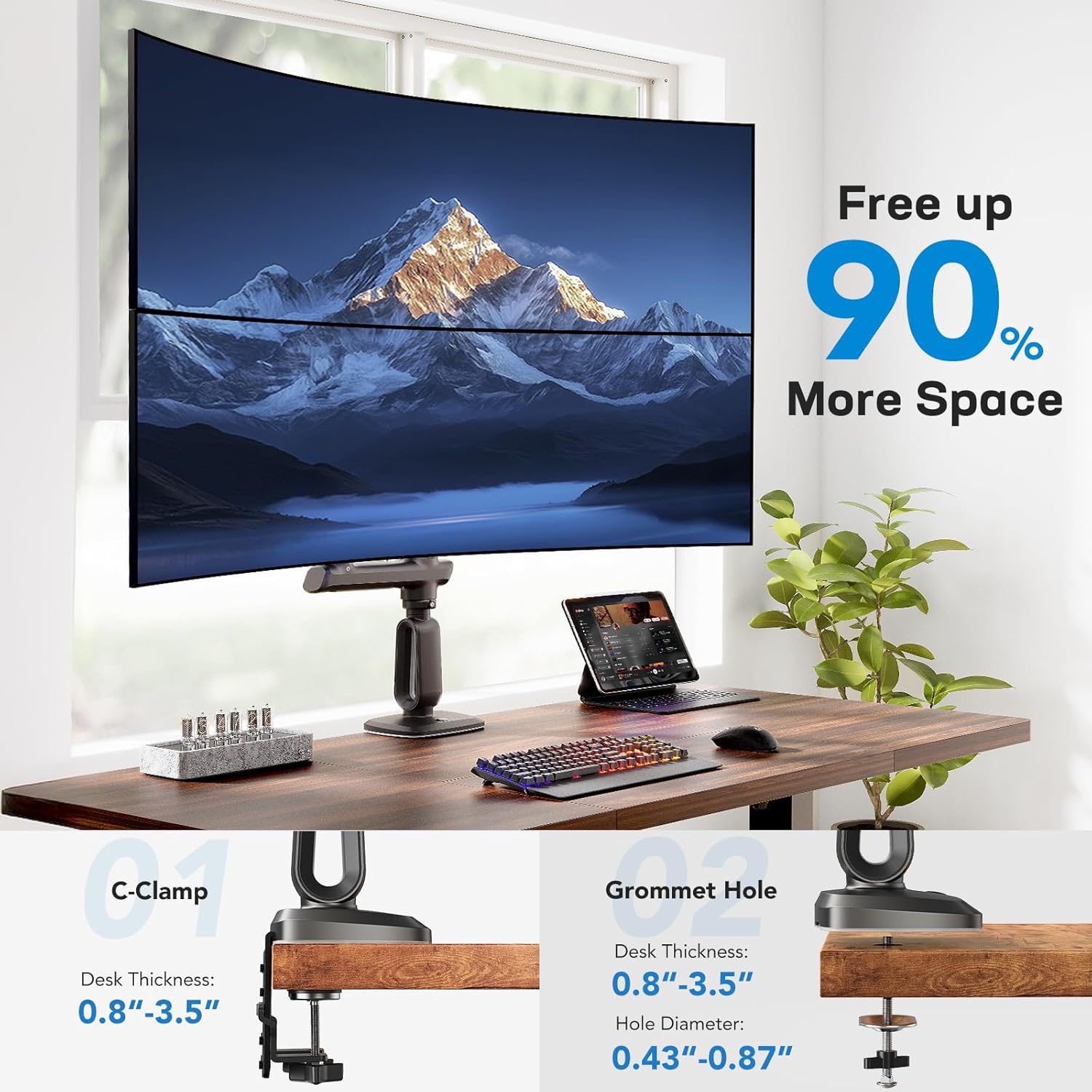 Thumbnail 6 de HUANUO supporto doppio monitor da scrivania per ultrawide fino a 49” (VESA 100x100, fino a 18 kg) con regolazione in altezza