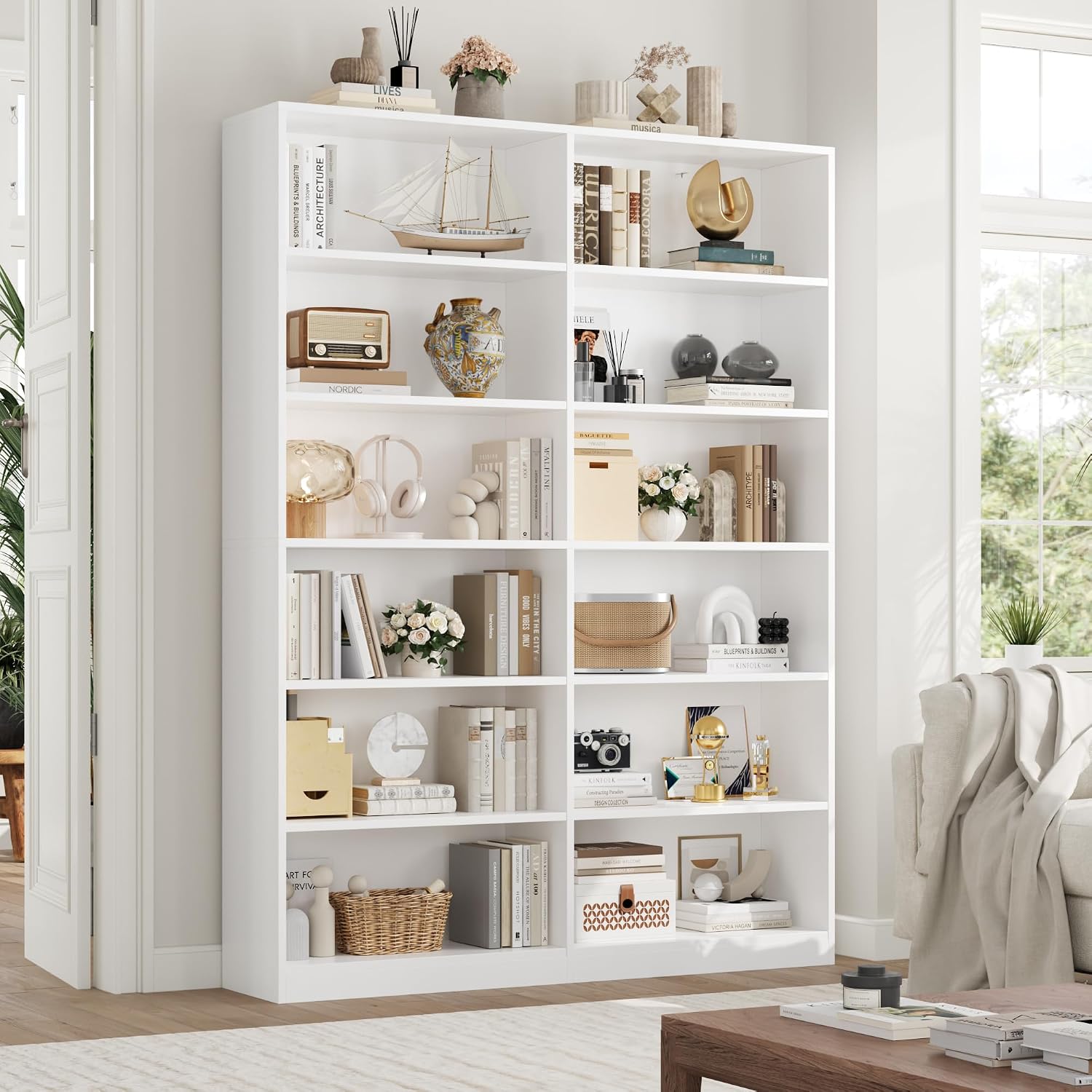 Detalle 2 de FirFurd P848847 12-Compartment Bookcase, White, 120 x 30 x 188.7 cm