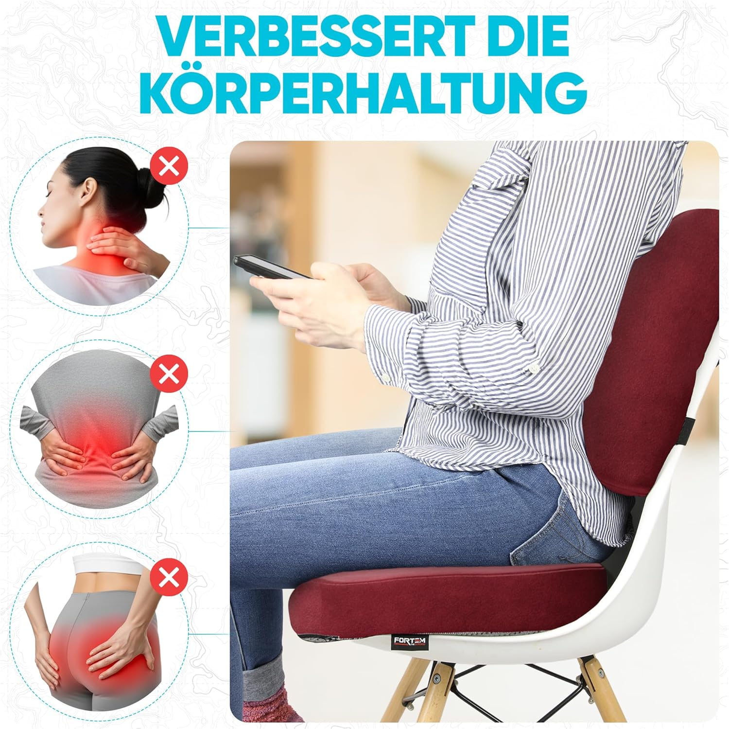 Thumbnail 4 de FORTEM Sitzkissen und Lendenkissen für Bürostuhl – Memory-Schaum Rückenkissen mit rutschfester Unterseite