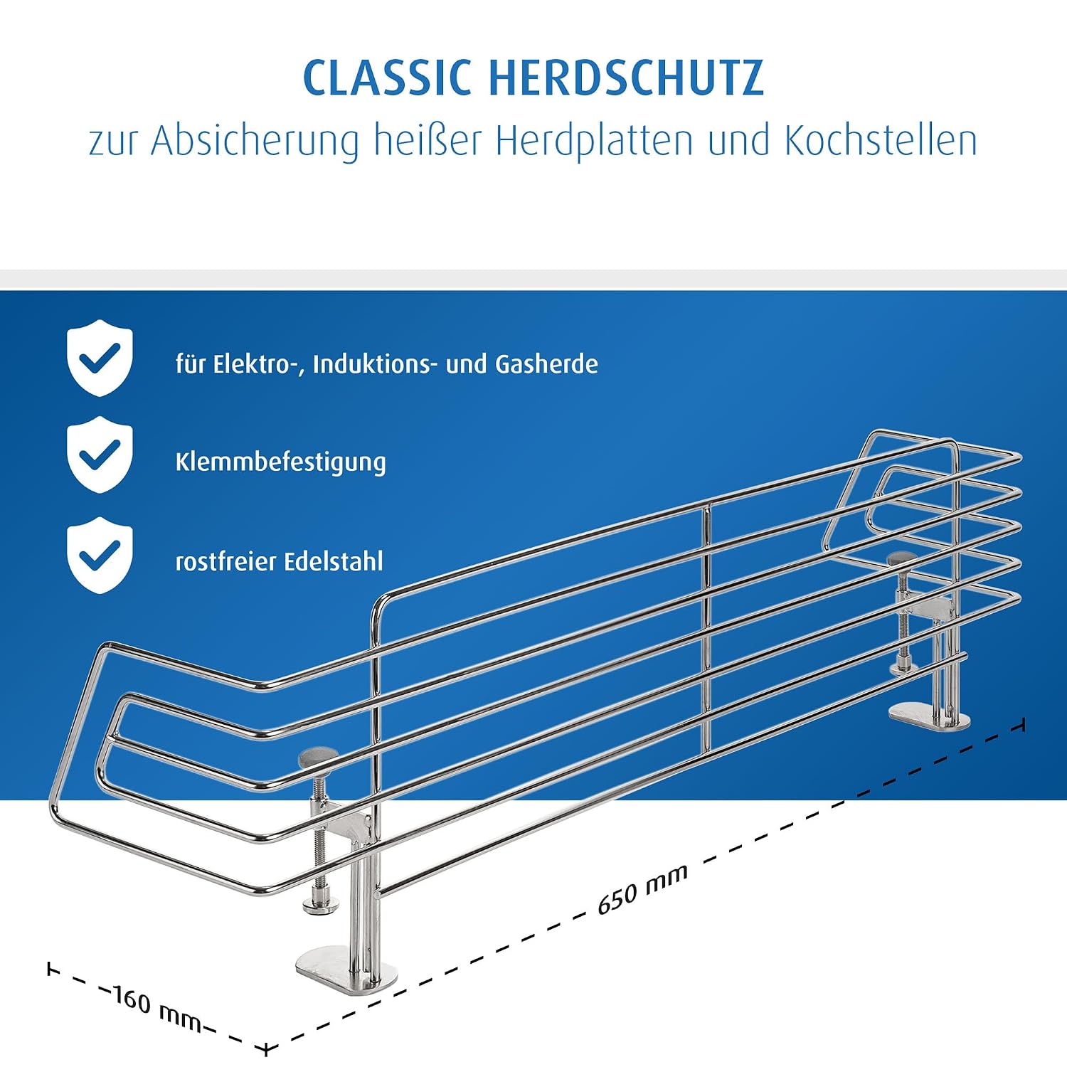 Detalle de reer CLASSIC Herdschutzgitter aus Edelstahl (65 cm) – stabile Kindersicherung für Ceran & Induktion