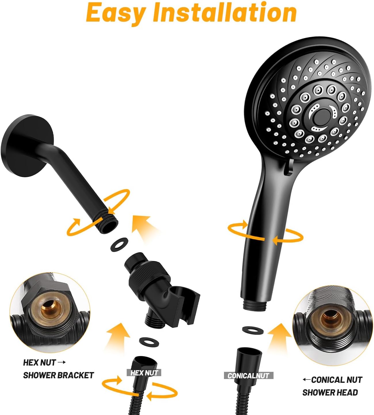 Thumbnail 3 de VEHHE LDDGCA-BLK Handheld Shower Head, 6 Spray Modes, Black