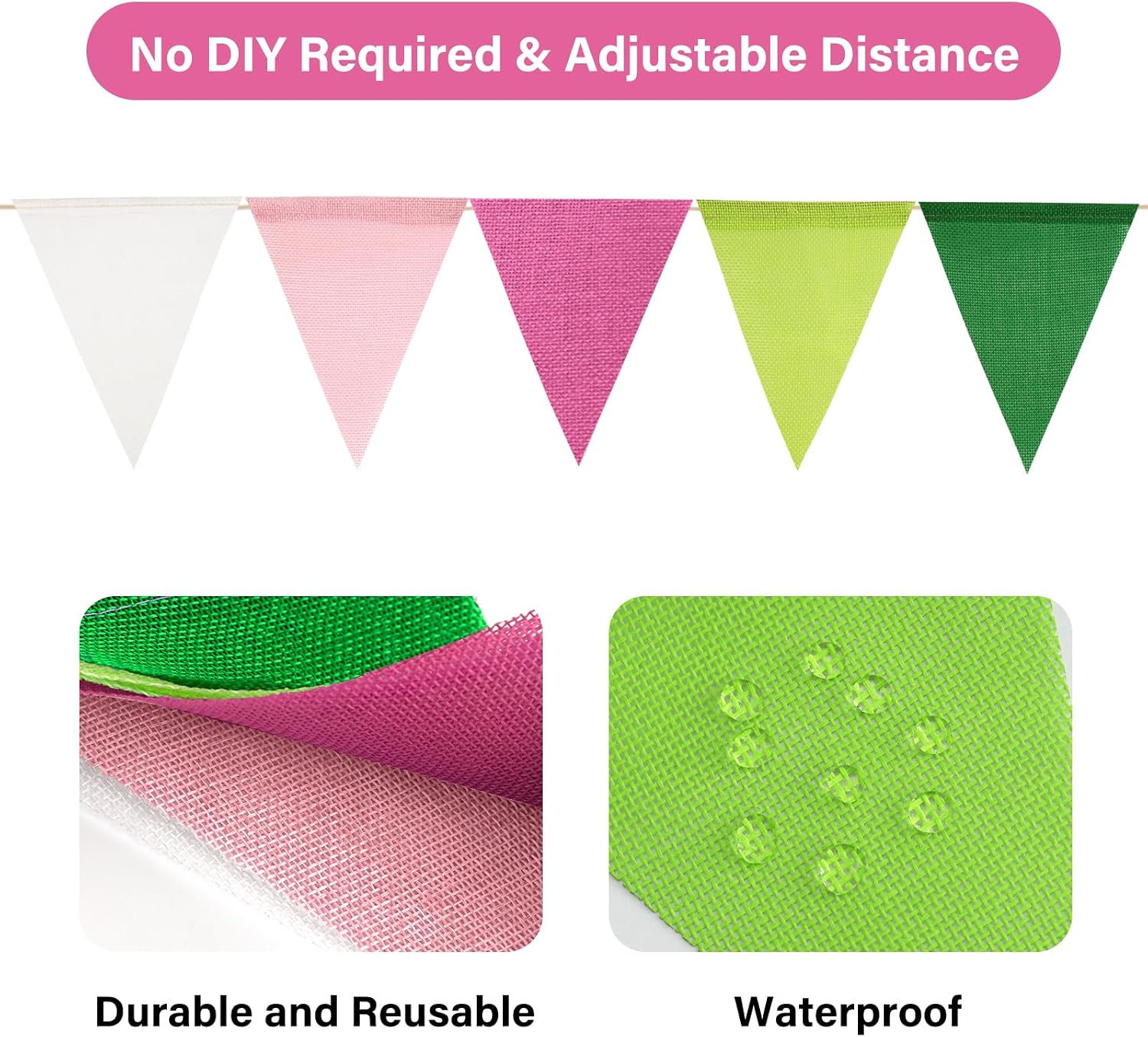 Detalle de jijAcraft Pink Green White Burlap Bunting: 60pcs Pre-strung Hessian Banner (20m) for Indoor or Outdoor Decor