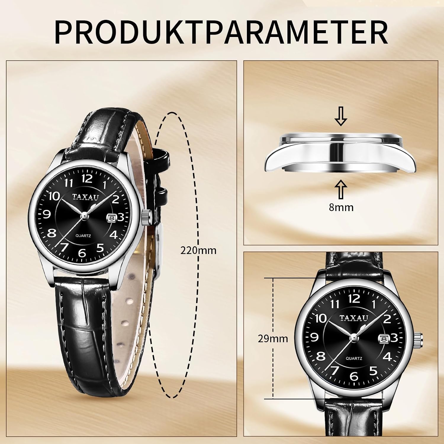Detalle de Taxau Damenuhr analoge Quarzuhr mit Lederarmband – Business-Armbanduhr mit Datum, wasserdicht