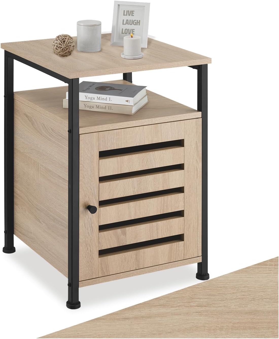 Detalle de tectake 404222 bijzetkast als nachtkastje, zwart stalen frame en Sonoma-eikenlook