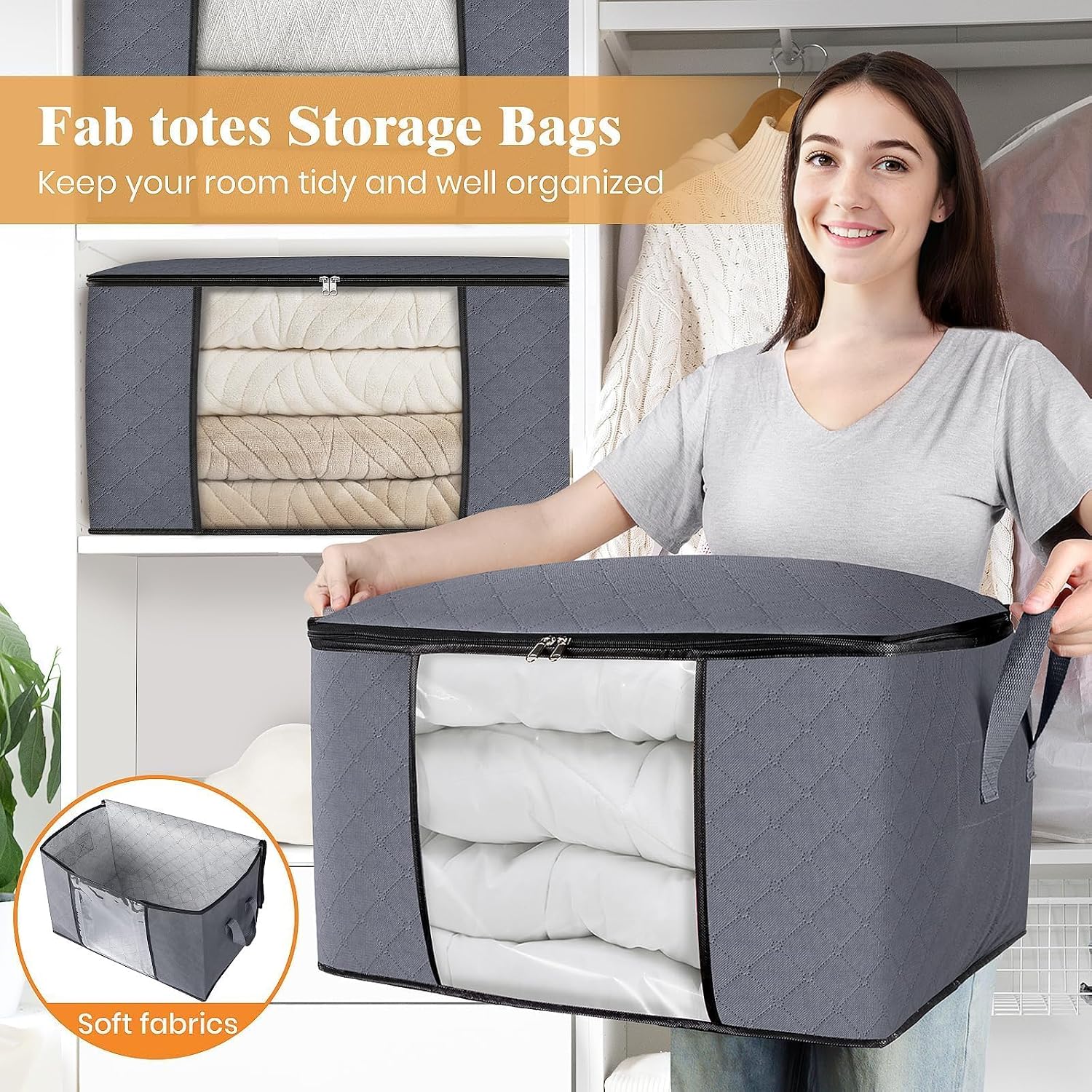 Detalle 2 de Fab totes 6-Pack Fabric Storage Bags with Clear Windows, Zippers and Handles