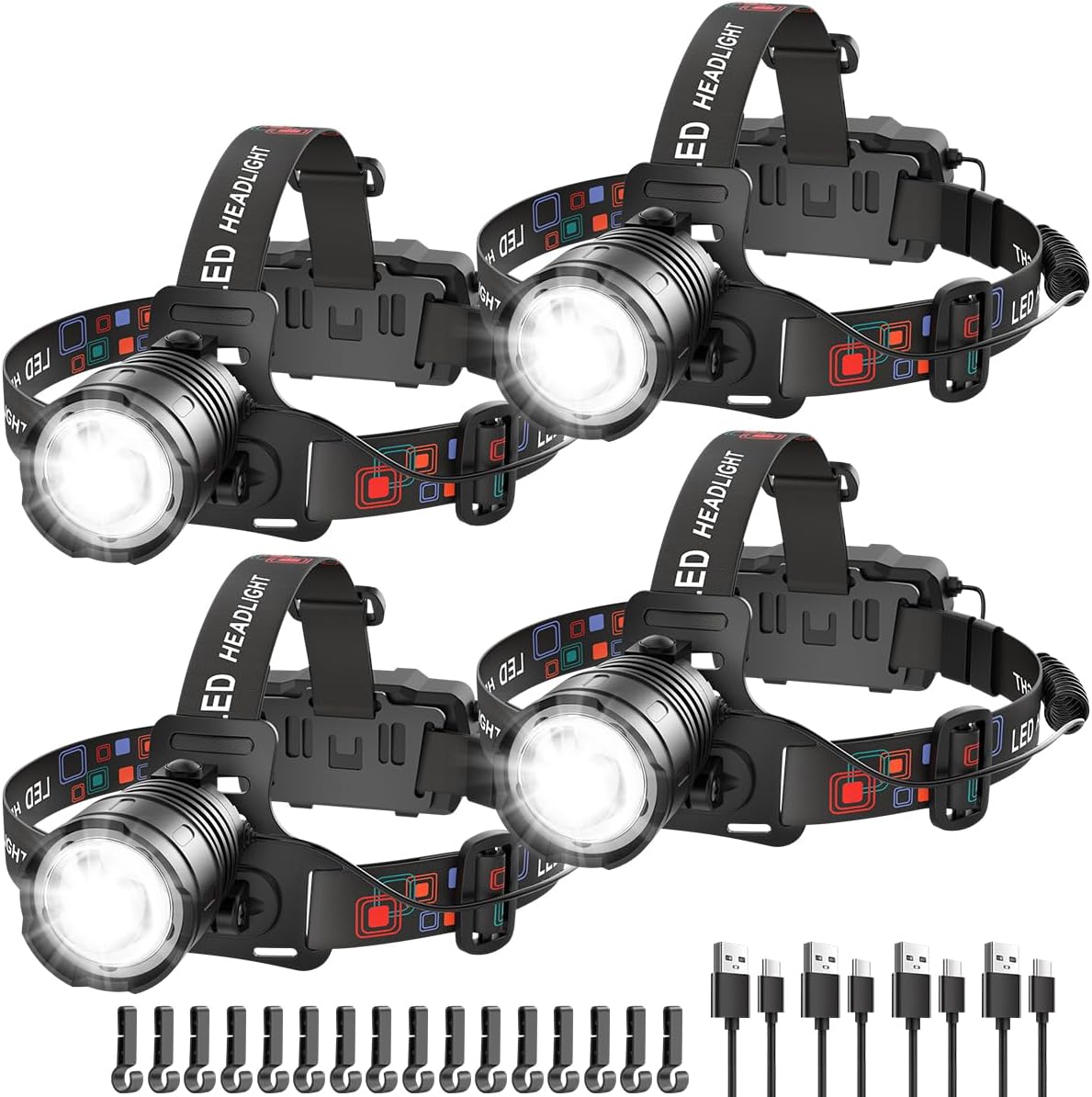 Detalle de UUYEE LT01 4-Pack Rechargeable LED Headlamps, 3000 Lumens, Adjustable Focus