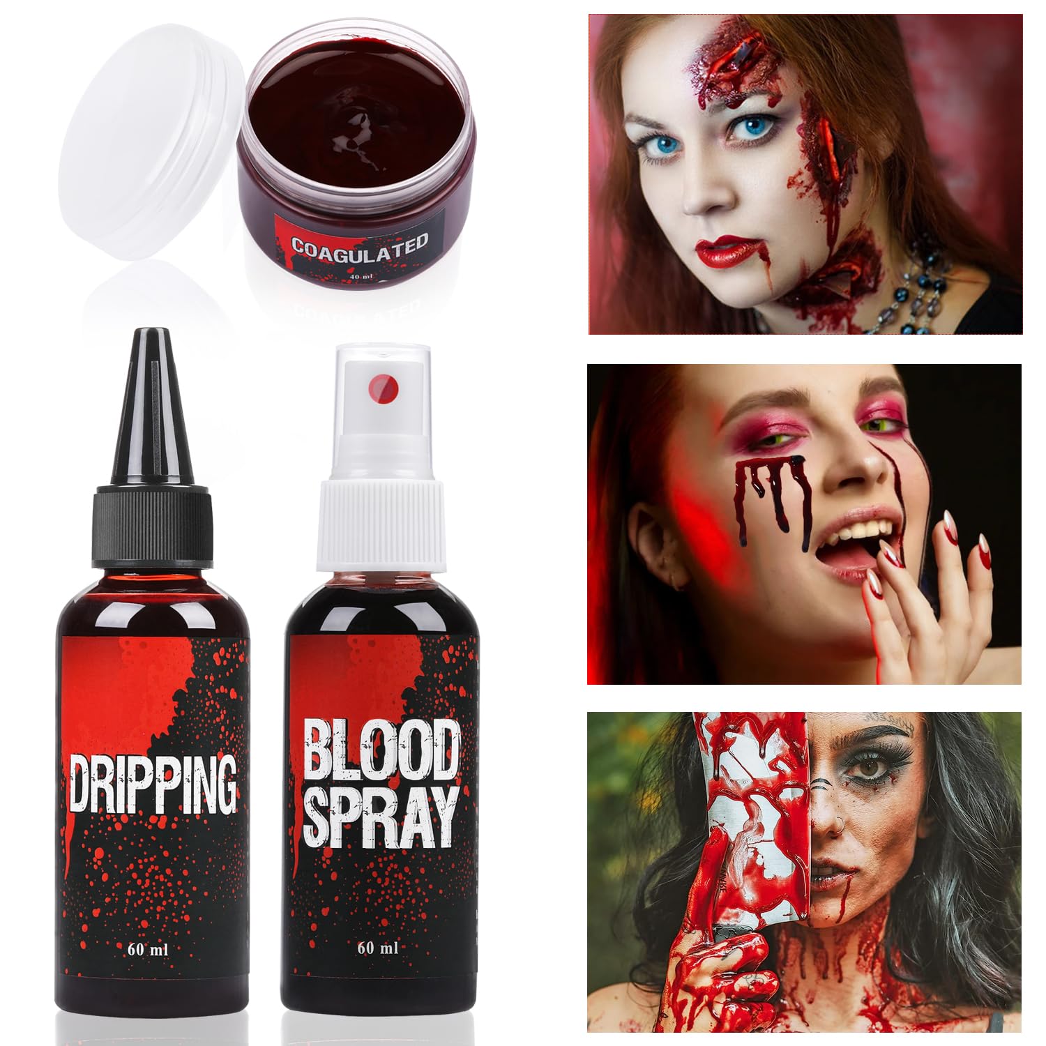 Detalle de Ptesuply Kunstblut-Set (Kunstblutspray, tropfendes Blut & koaguliertes Gelblut) für Zombie, Vampir & Cosplay