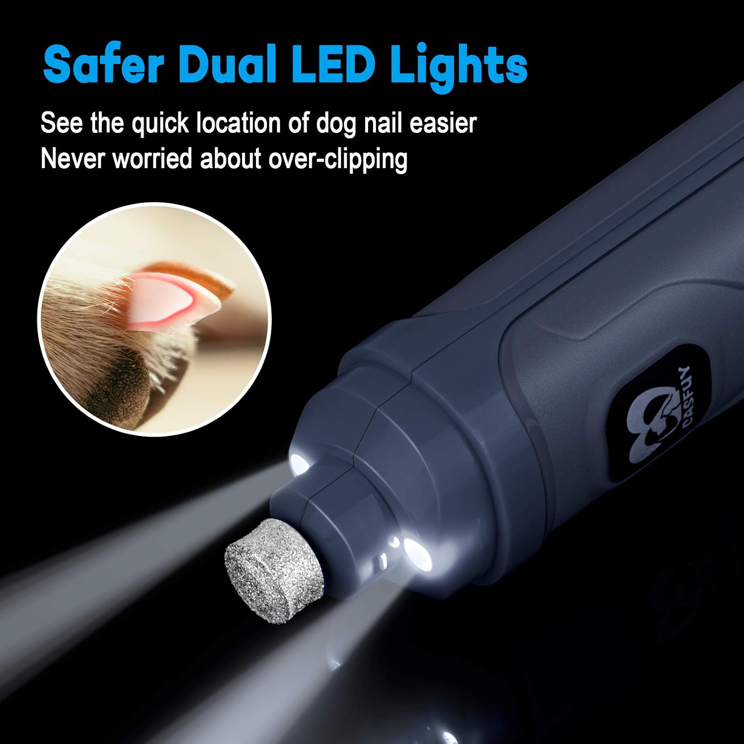 Detalle 2 de Casfuy Krallenschleifer für Hunde mit 2 LED-Leuchten – 2 Geschwindigkeiten, leise & kabellos