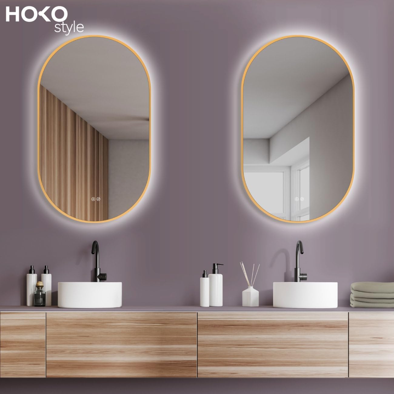 Thumbnail 5 de HOKO Specchio-Parete Luminoso Ovale Antiappannamento 45x75 cm / 75x45 cm con Cornice Dorata e LED regolabili