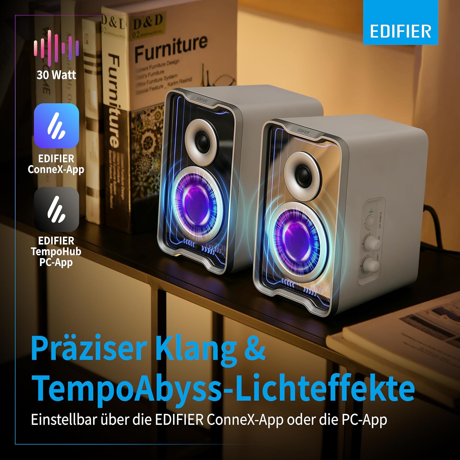 Detalle de Edifier QR30: Aktiver Desktop-Lautsprecher mit Bluetooth 5.4, 30 Watt RMS, Weiß