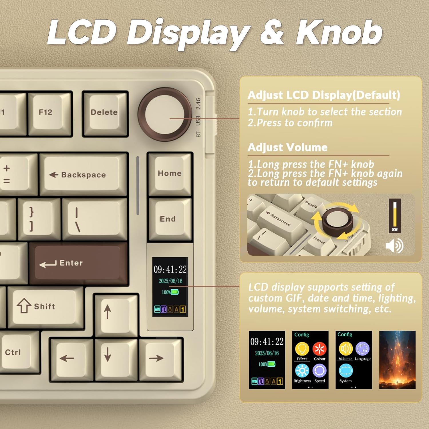 Thumbnail 3 de AULA S75 Pro Gaming Tastatur (75 %) – kabellos per Bluetooth 5.0 & 2,4G, mit Display, Hot Swap und RGB (Milchkaffee)