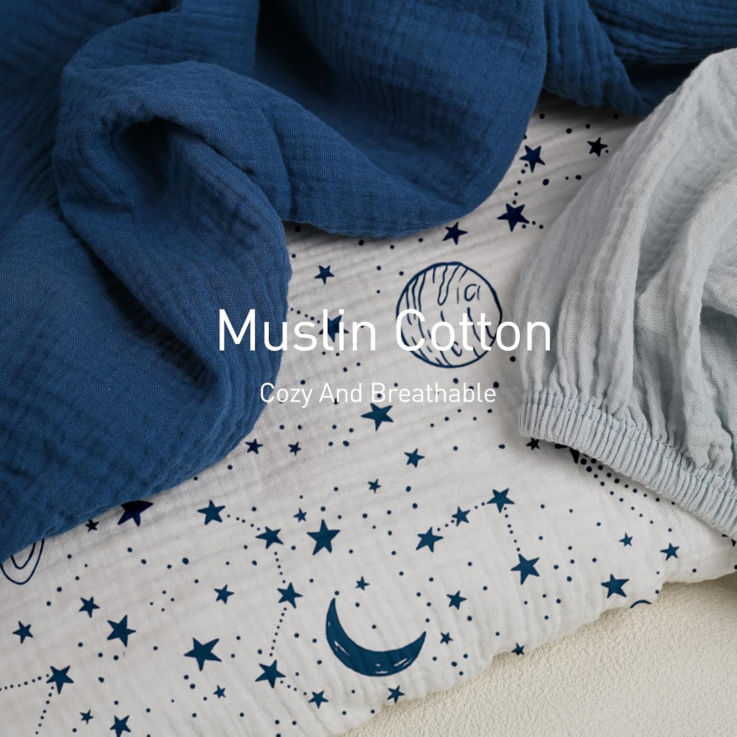 Thumbnail 2 de 3er-Pack Spannbettlaken für Laufgitter & Stubenwagen aus 100% Musselin-Baumwolle (Planet)