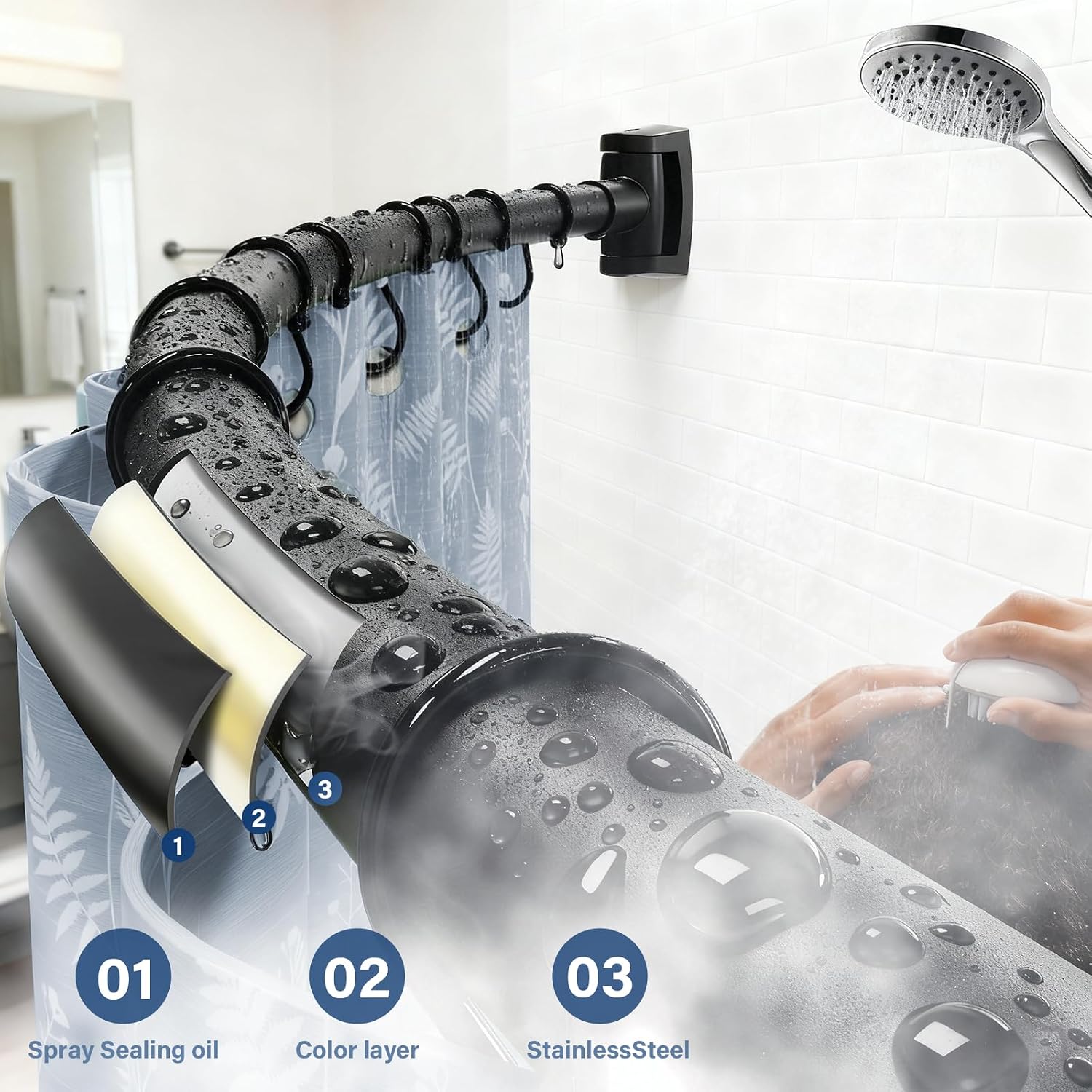 Thumbnail 1 de Abiglifty Curved Shower Curtain Rod (109–198cm) adjustable black rail – rust-resistant, drill-in style