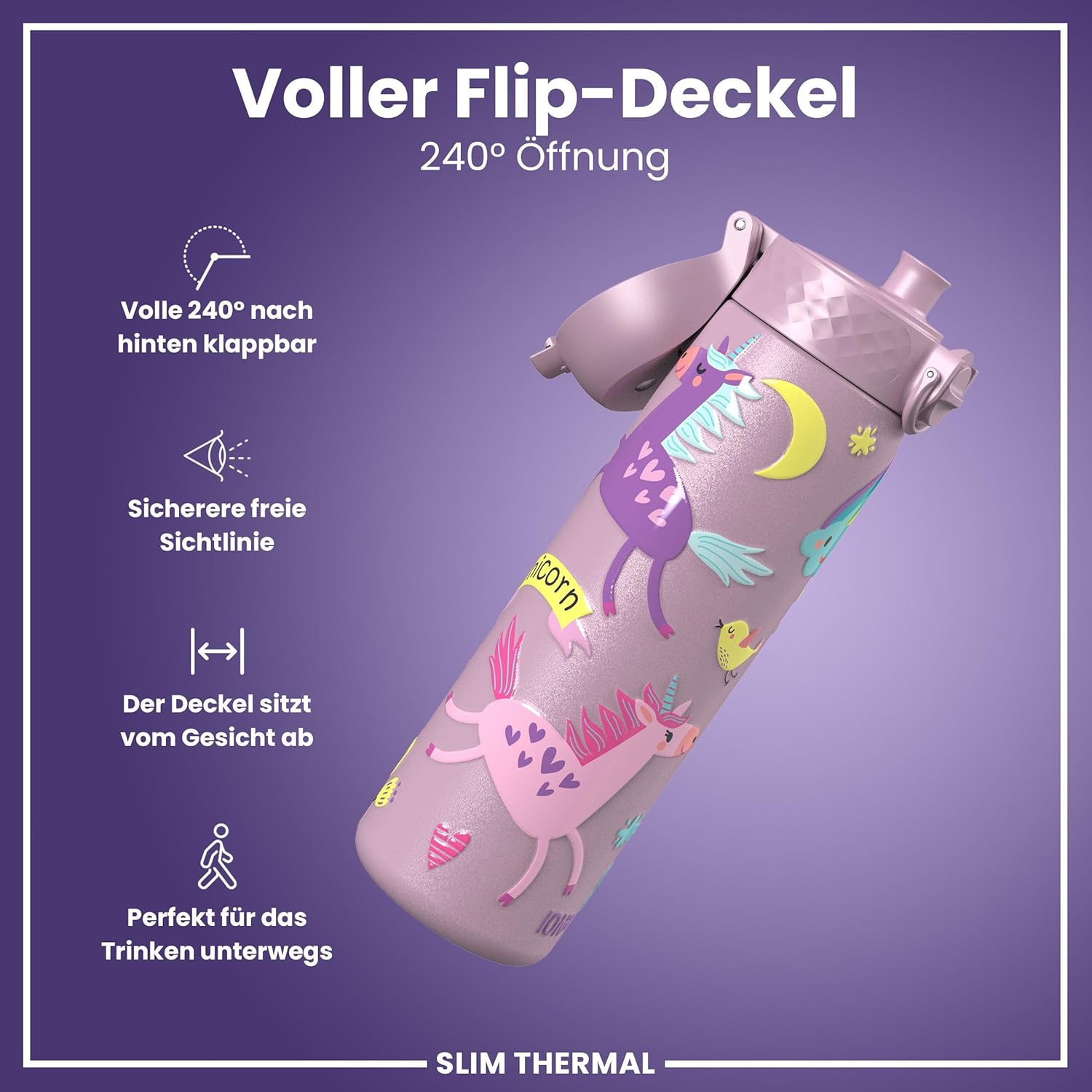 Thumbnail 3 de ion8 Vakuumisolierte Edelstahl-Trinkflasche 500 ml – Auslaufsicher, Einhandöffnung, Einhorn Design
