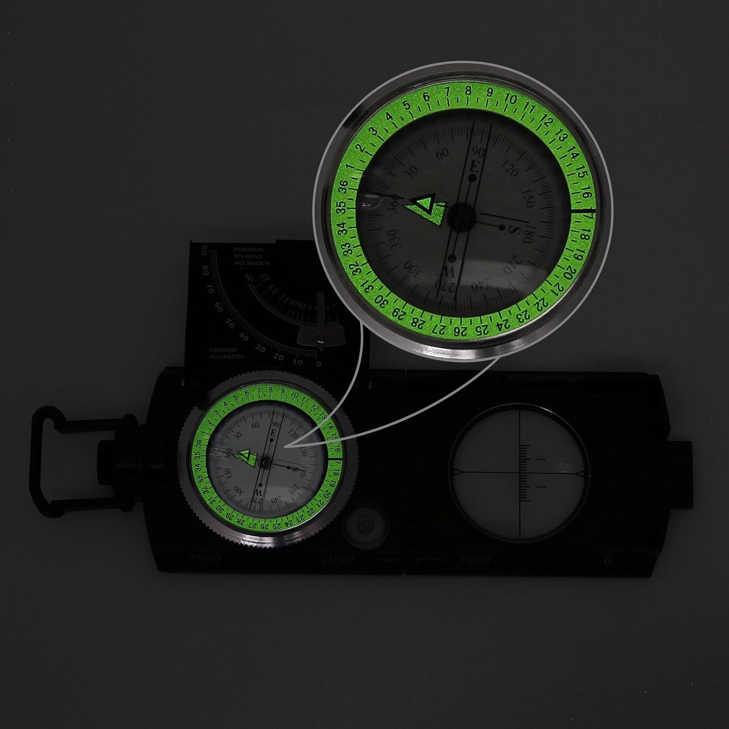 Detalle 1 de Proster bussola precisa con clinometro per attività outdoor, luce fluorescente e borsetta portatile