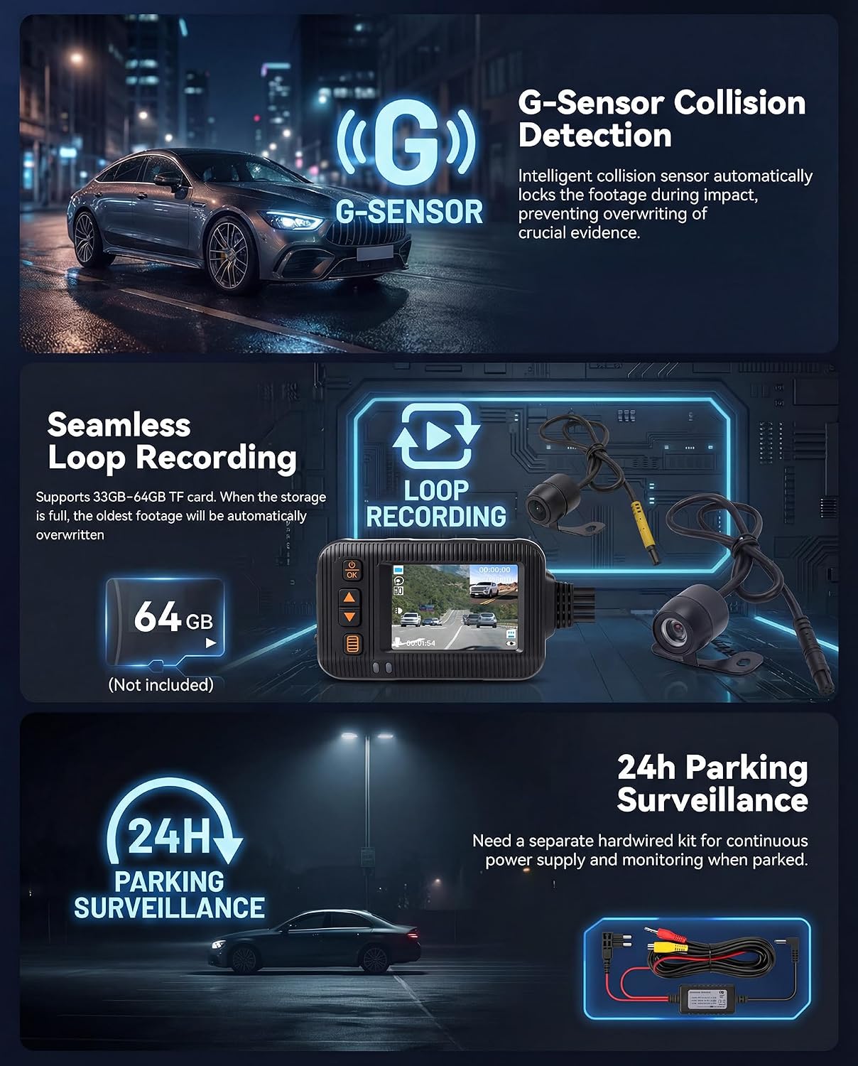 Detalle de SIXWIN 1080P Dashcam Moto Anteriore e Posteriore: doppia registrazione, IP67 e viewing split da 2