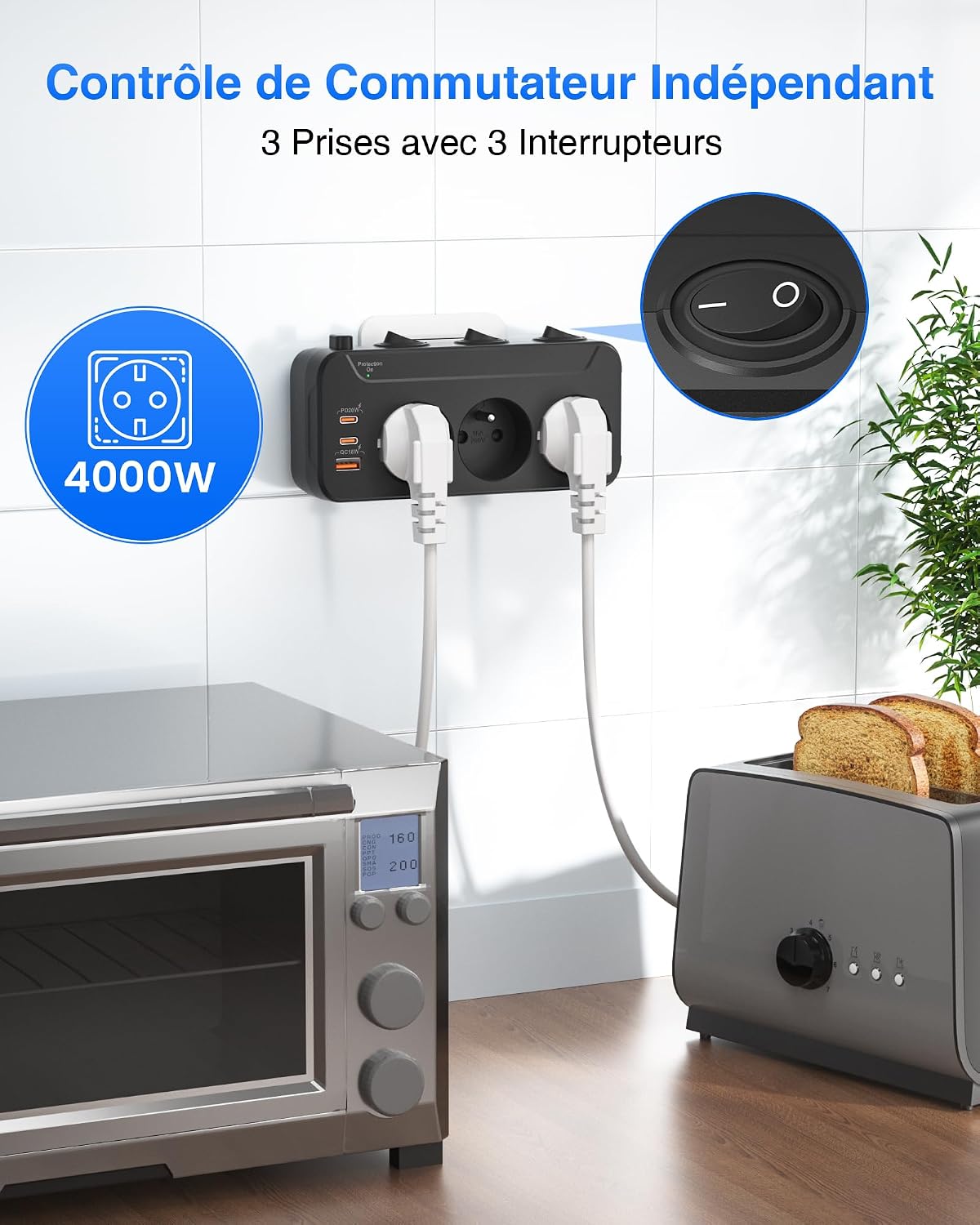 Detalle 2 de Multiprise 3 prises noire avec USB-C PD 20 W