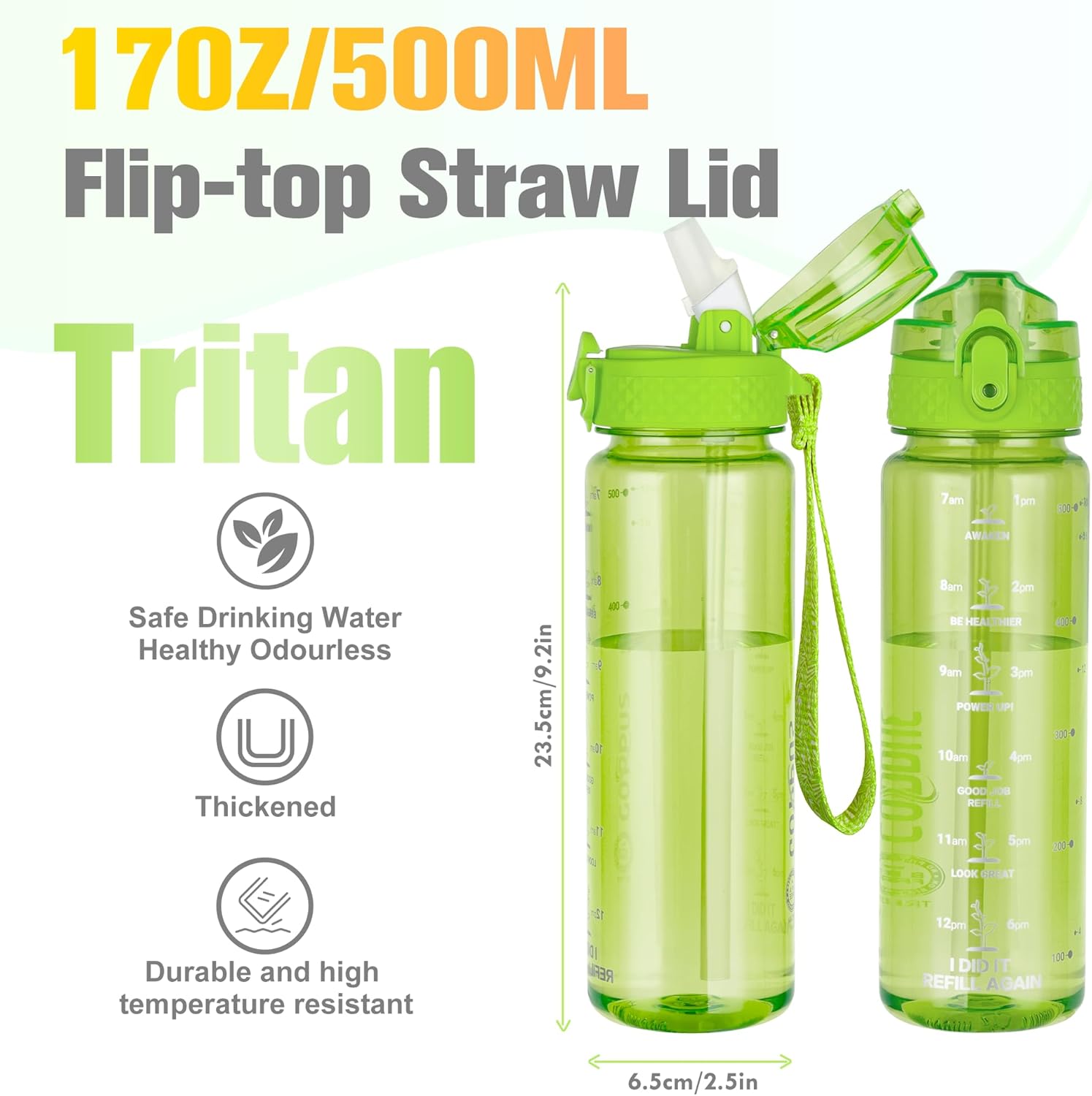 Thumbnail 1 de GOPPUS 500ml Kids Water Bottle with Straw and Flip Top Lid – BPA Free, Time Markings, 17oz