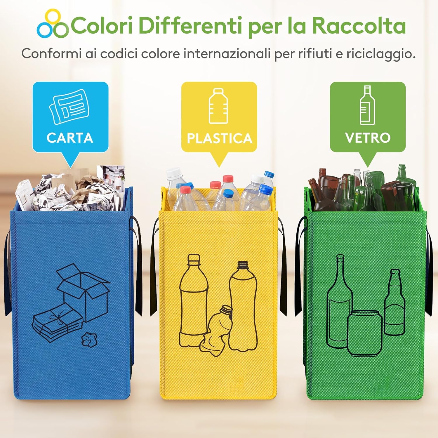 Thumbnail 6 de Lifewit set di 3 borse per raccolta differenziata 45 L con bidoni interni in 3 colori