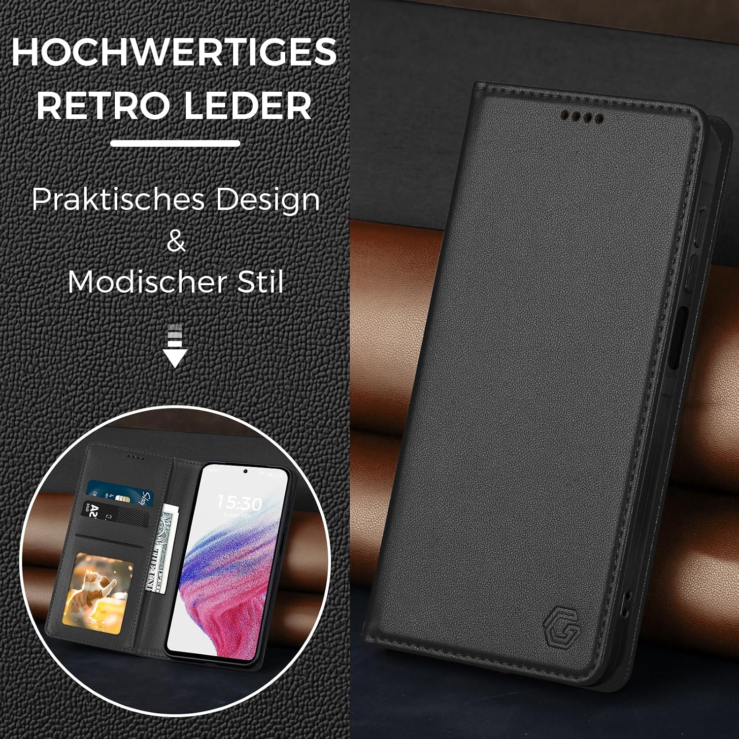 Thumbnail 1 de Kirnntca Klapphülle für Samsung Galaxy A53 5G – Schwarz mit Kartenfächern, Standfunktion und Magnetverschluss