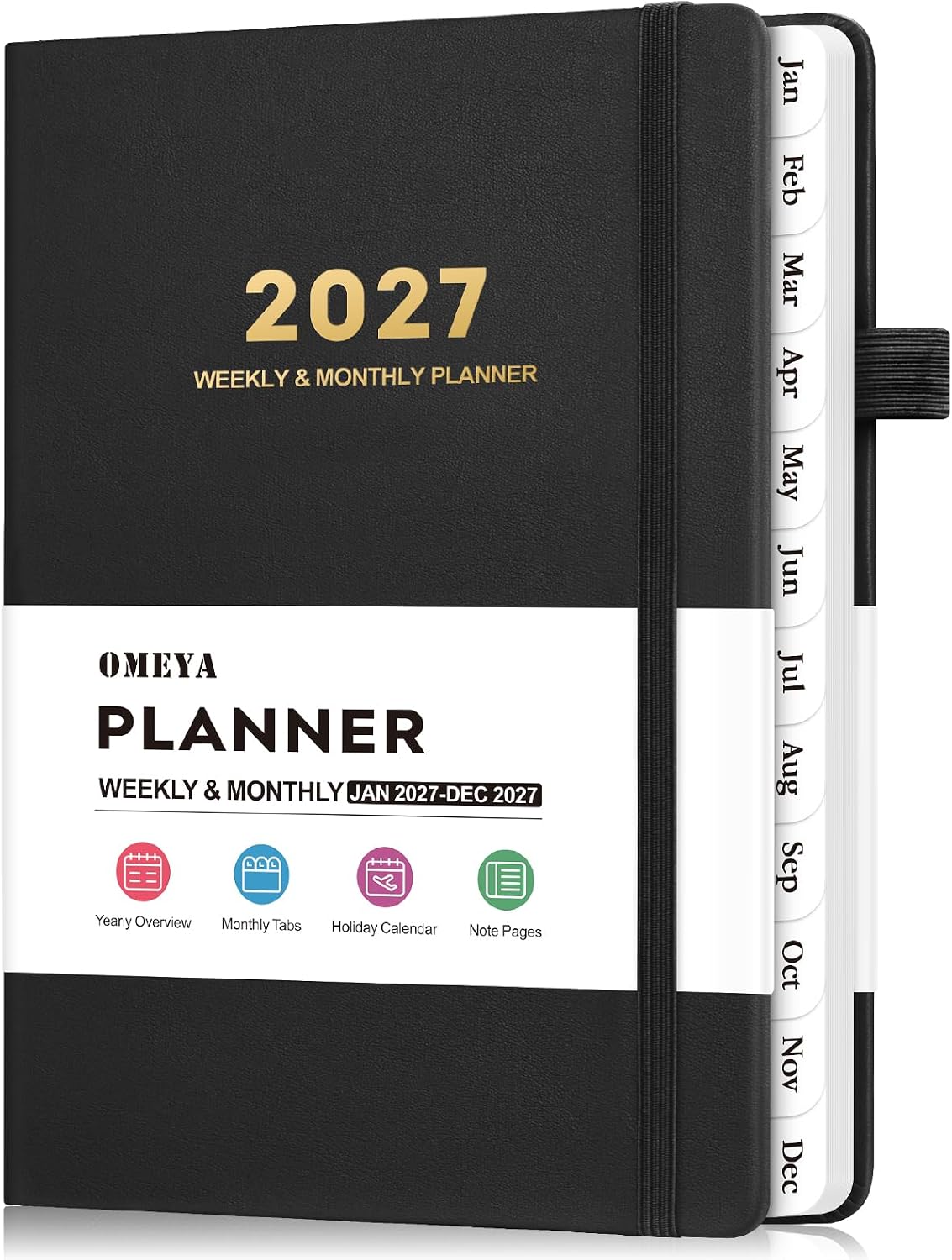 Detalle de OMEYA 2027 A5 Weekly and Monthly Planner, Black Faux-Leather Hardcover