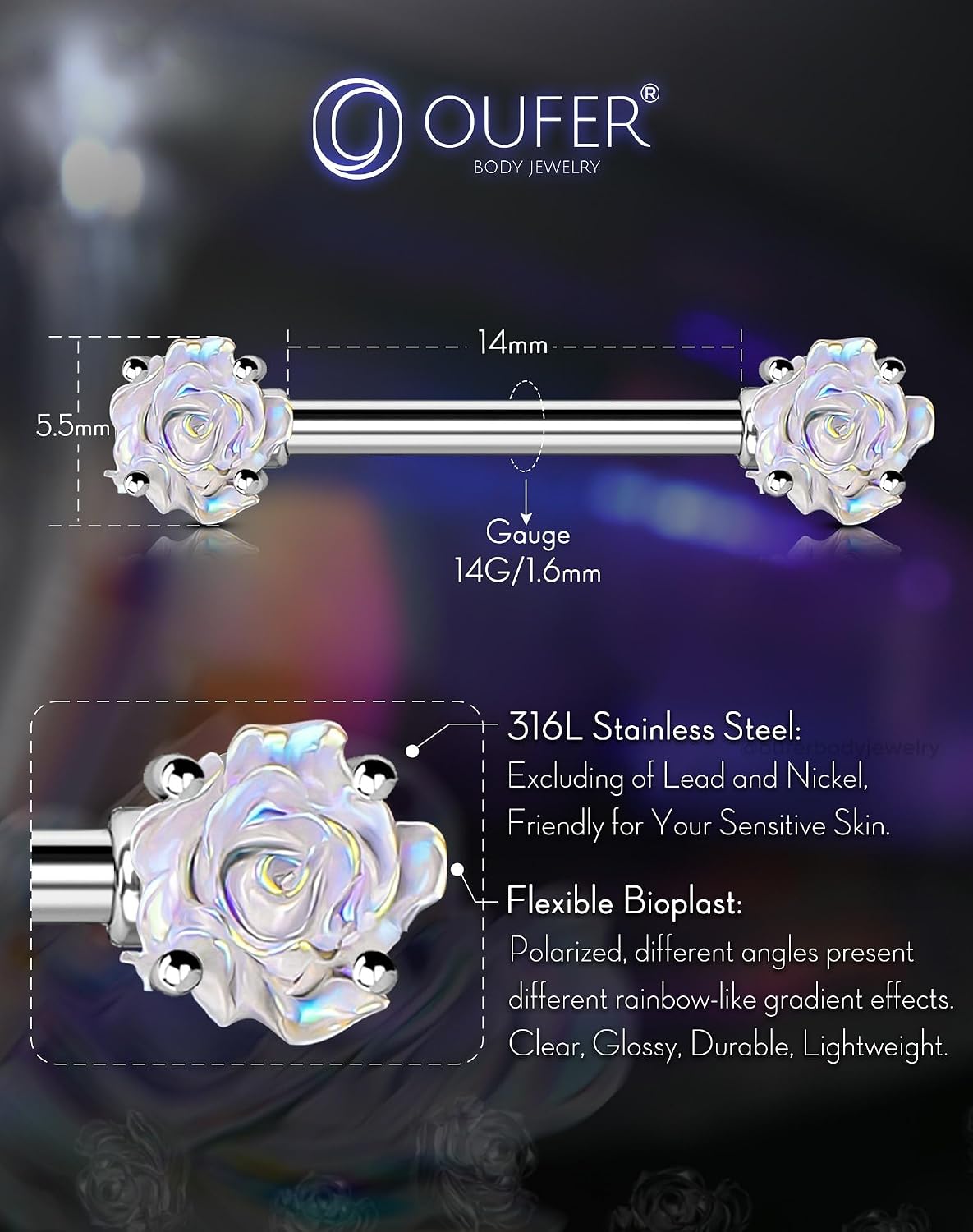 Detalle 2 de OUFER Barres 316L 14G 14 mm Mamelon Fleur