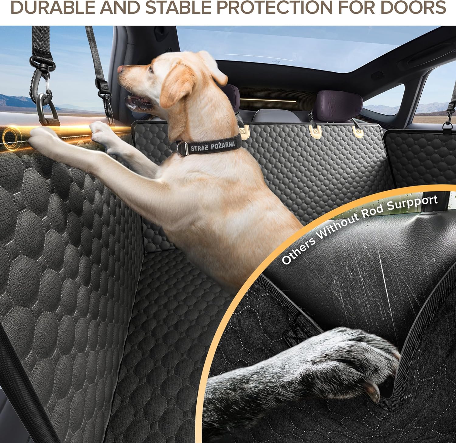 Detalle de SHARLOVY Back Seat Extender for Dogs: Heavy-Duty Car Seat Cover with Hard Bottom and 3-rod Safety Frame