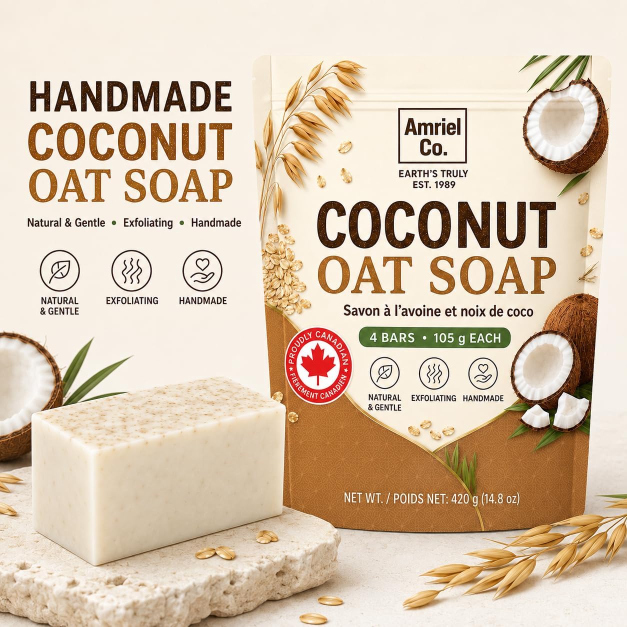 Detalle 2 de Amriel Co. Coconut Oat Soap Bars, 4-Pack with Coconut Oil & Glycerin