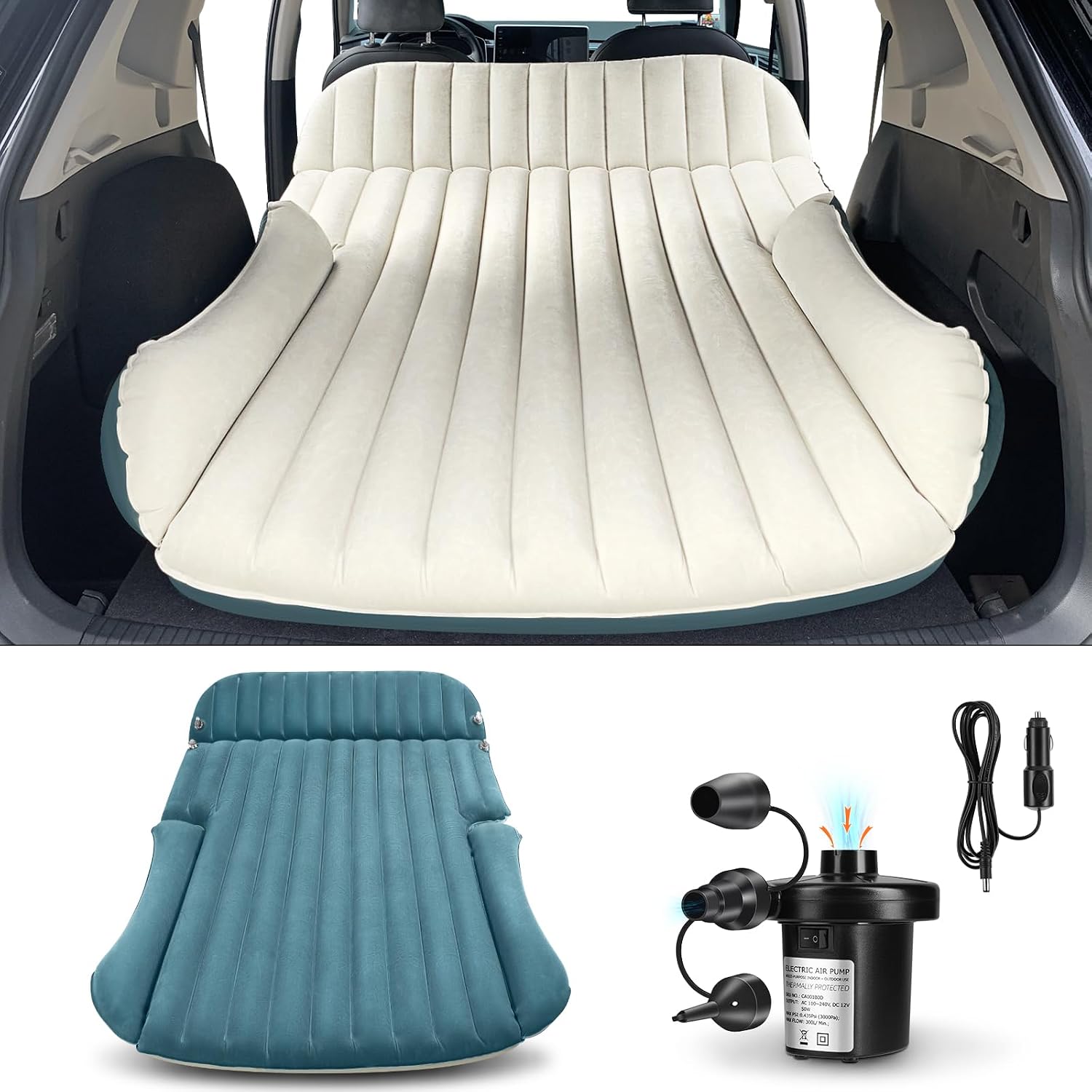 Detalle de Ciremiv Auto Matratze – Doppelseitige Beflockung, Luftbett mit Pumpe und integriertem Kissen, Blau/Weiß