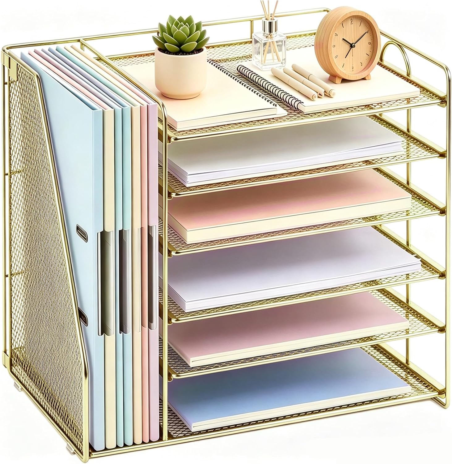 Detalle de gianotter 6T 6-Tier Paper Organizer with Magazine Holder, Gold Metal