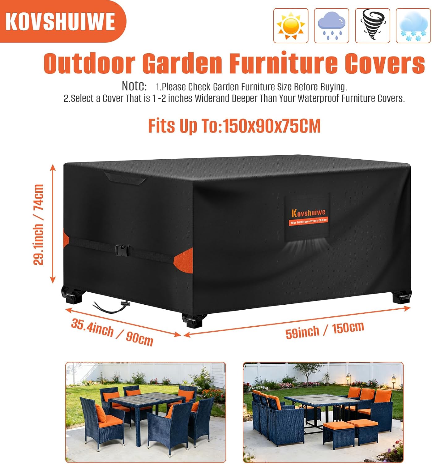 Detalle 2 de Kovshuiwe Garden Furniture Covers, 150x90x75cm — Waterproof 420D Oxford, Windproof & UV-Resistant