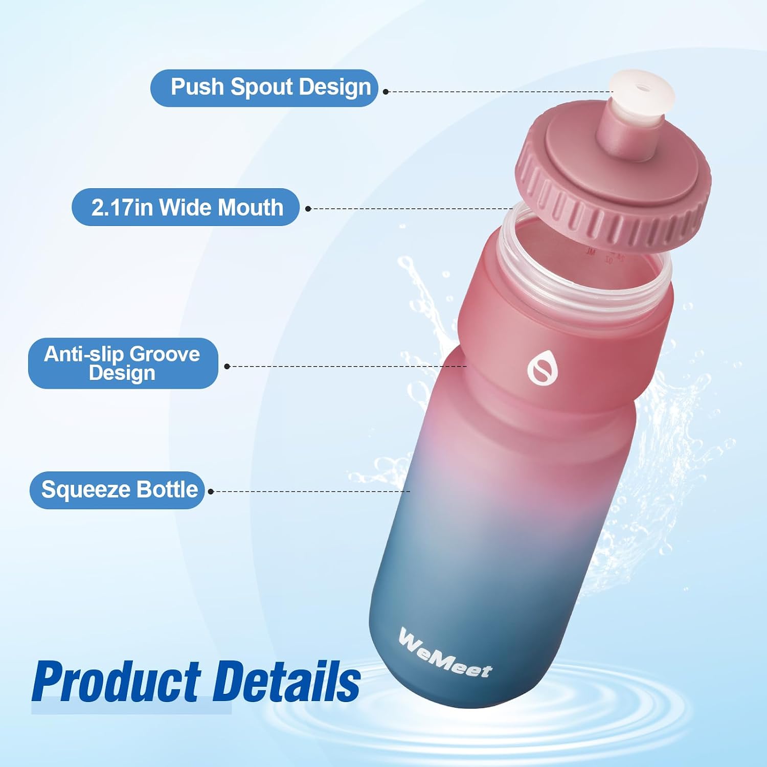 Detalle de WEMEET Mountainbike Wasserflasche im 2er-Set (700 ml) mit selbstdichtendem Deckel, BPA-frei – Schwarz/Rot/Blau