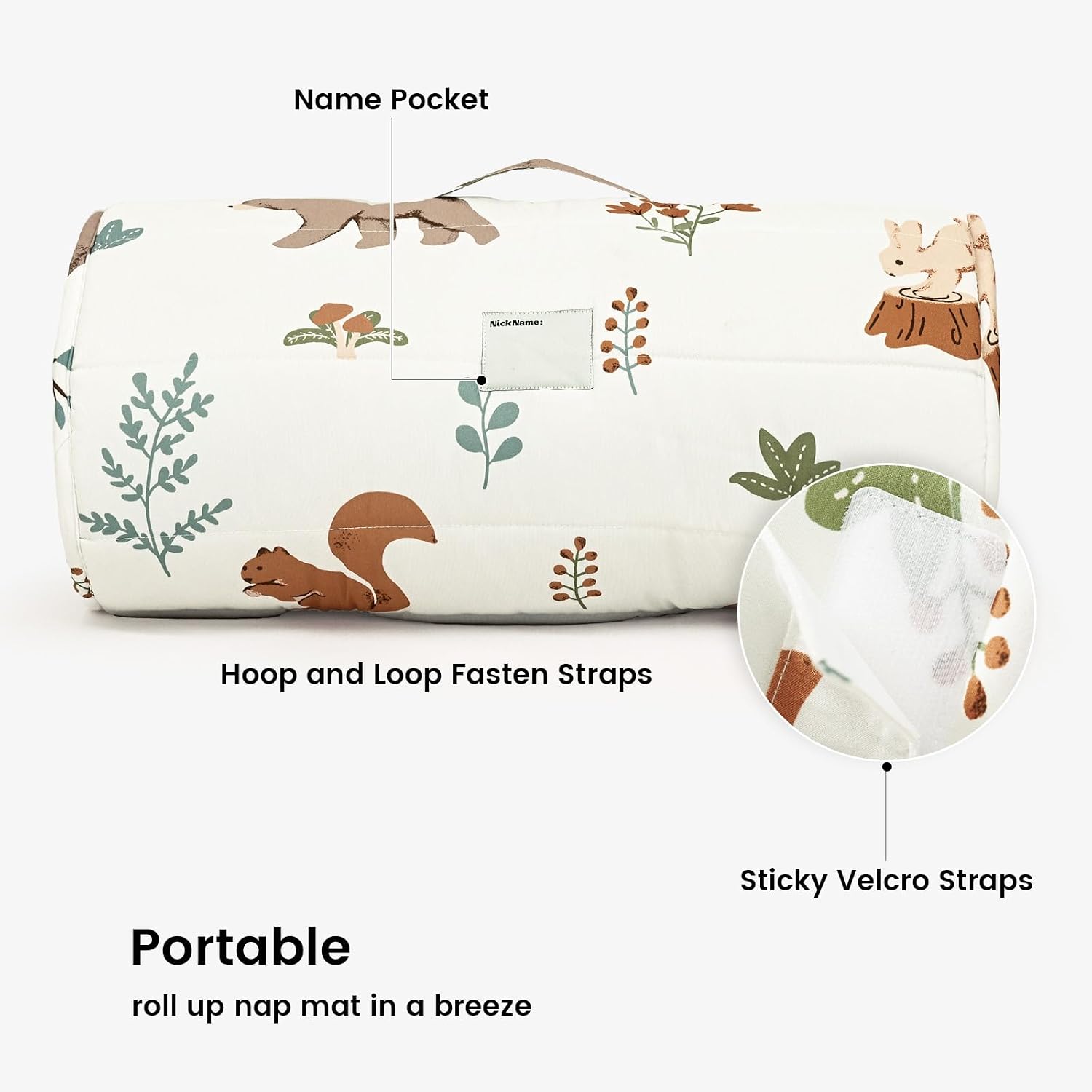 Detalle de PHF Toddler Nap Mat, Woodland, Removable Pillow, Roll-Up Design, 50" x 20
