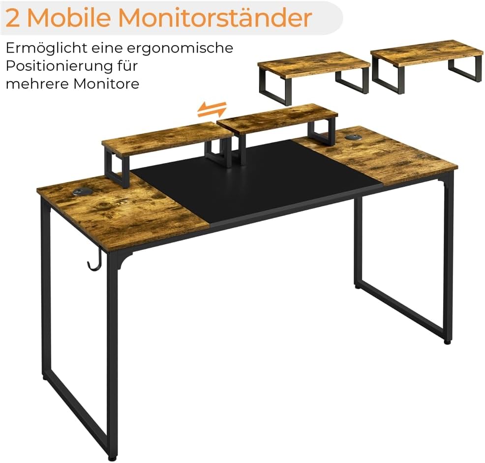 Thumbnail 2 de Yaheetech Schreibtisch Computertisch Rustikales Braun mit 2 Monitorhalterungen, Kabeldurchführungen & Kopfhörerhaken – 140 × 60 × 89,5 cm