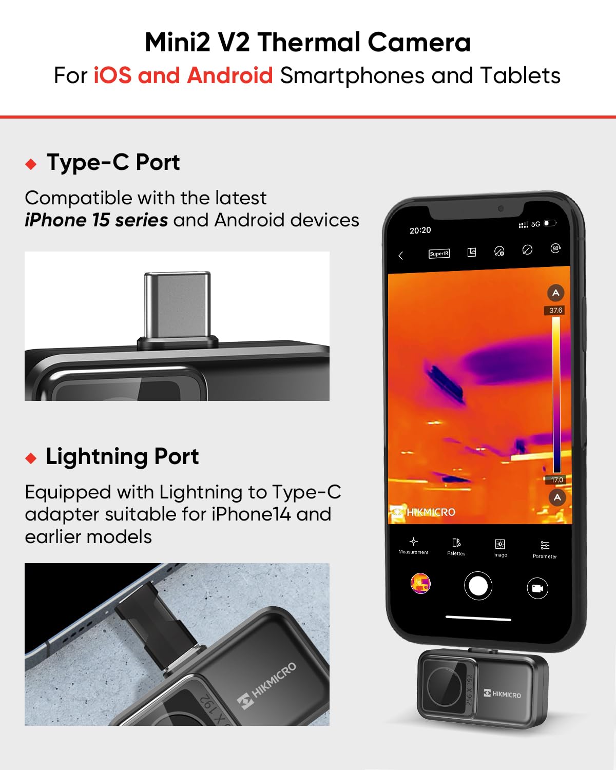 Detalle 2 de HIKMICRO Mini2 V2 Thermal Camera, 256 × 192 IR, SuperIR and 50° Lens
