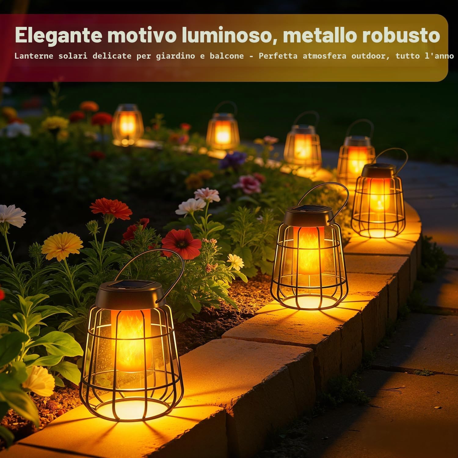 Detalle de 2 lanterne solari con effetto fiamma reale per esterni, IP65 - decorazione elegante per giardino, balcone e terrazza