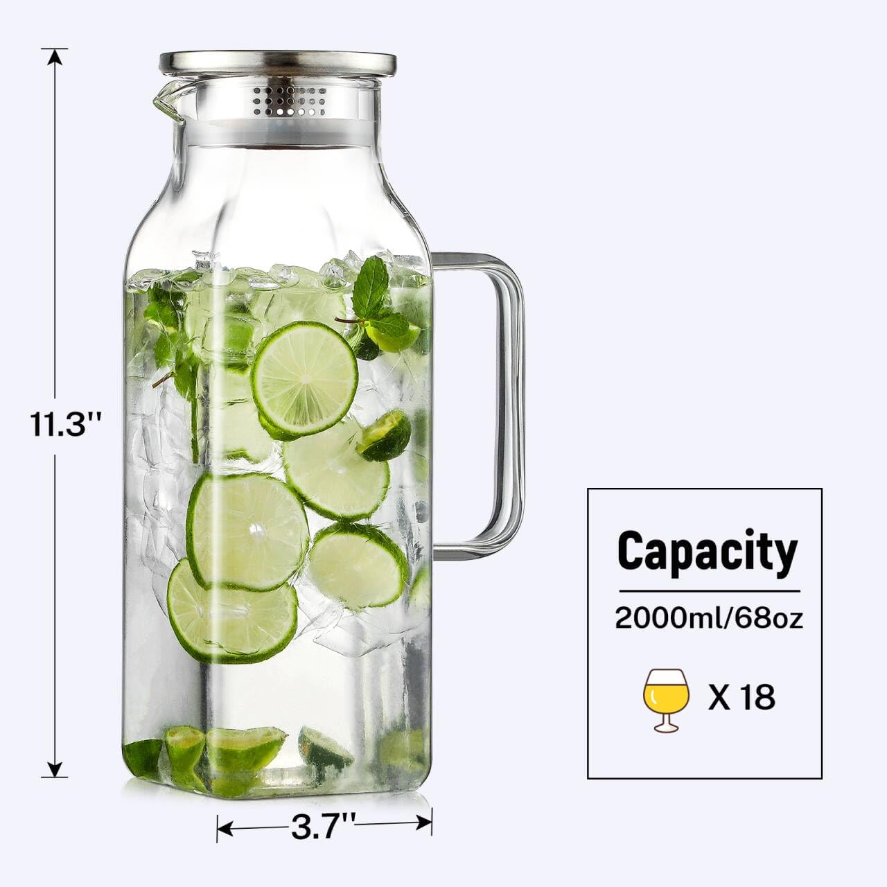 Thumbnail 2 de 2 Quart (68 oz) Square Borosilicate Glass Pitcher with Lid & Spout — Square Fridge Carafe for Hot/Cold Drinks