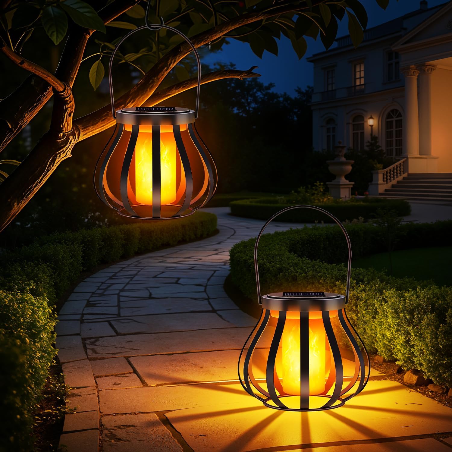 Detalle de 2 lanterne solari con effetto fiamma reale per esterni IP65 – senza gancio e base