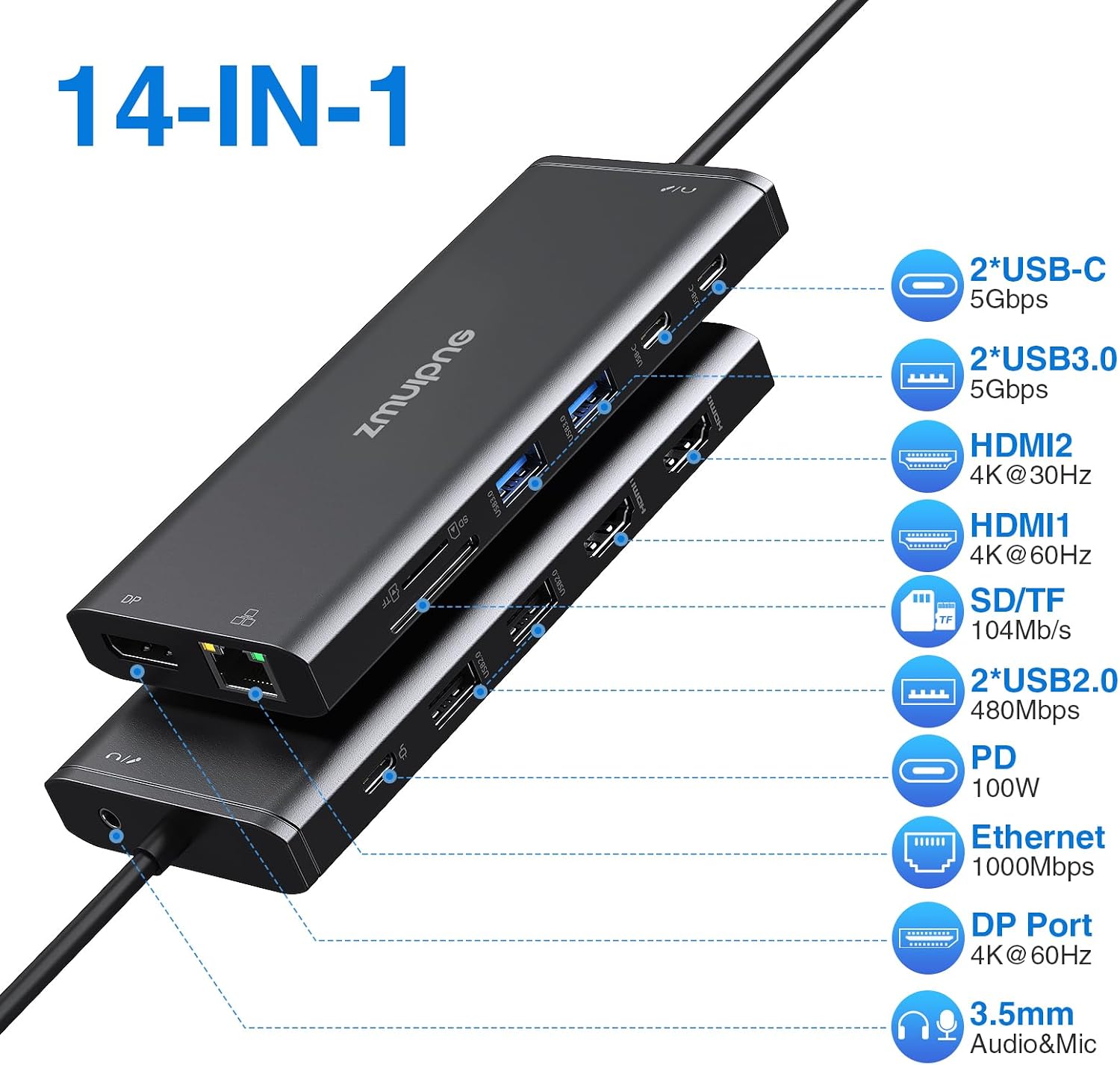 Detalle 2 de ZMUIPNG USB-C Dock 14 in 1 100 W