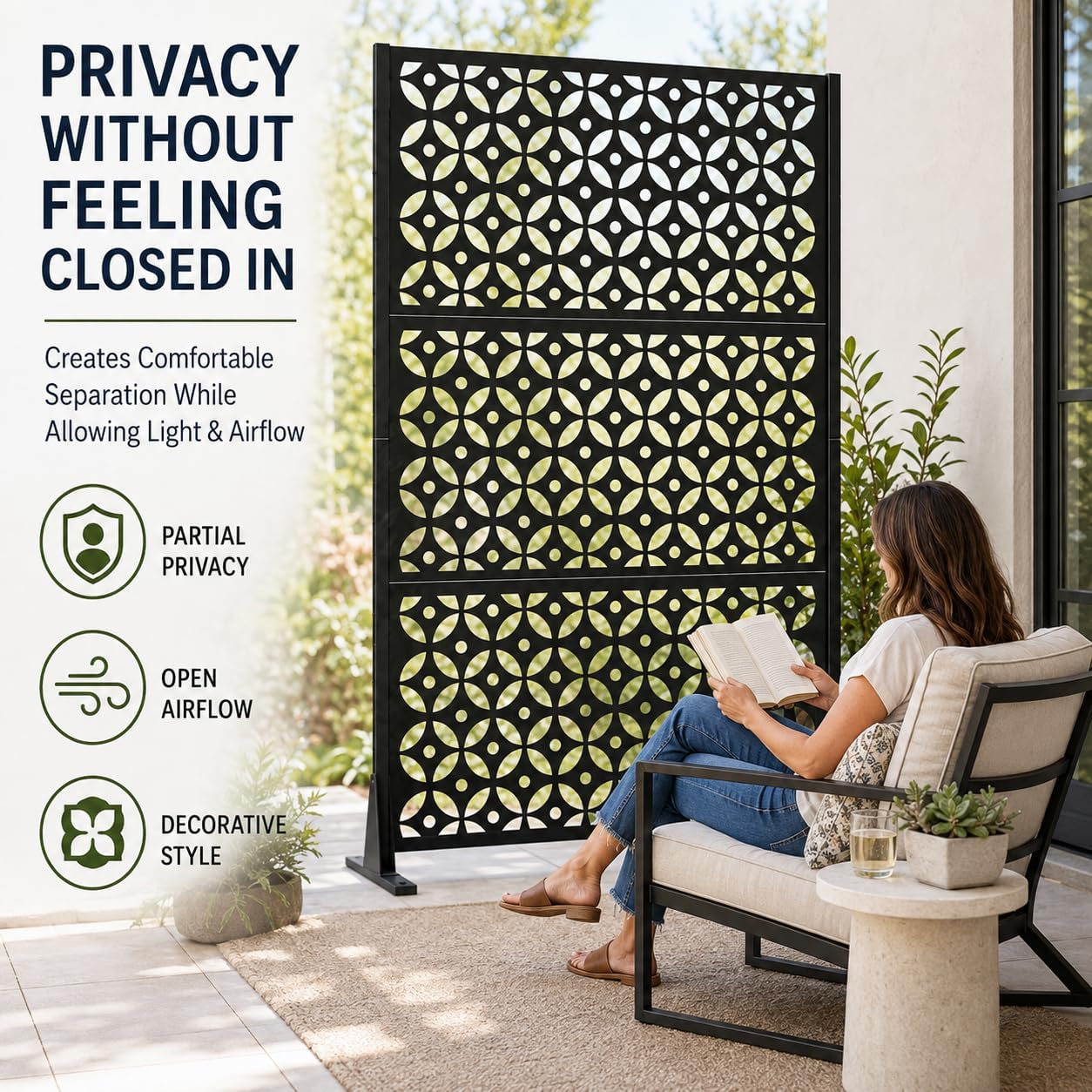 Detalle 2 de GDNVBRDS Cross-1 Outdoor Privacy Screen, Black Cross Metal, 3-Panel